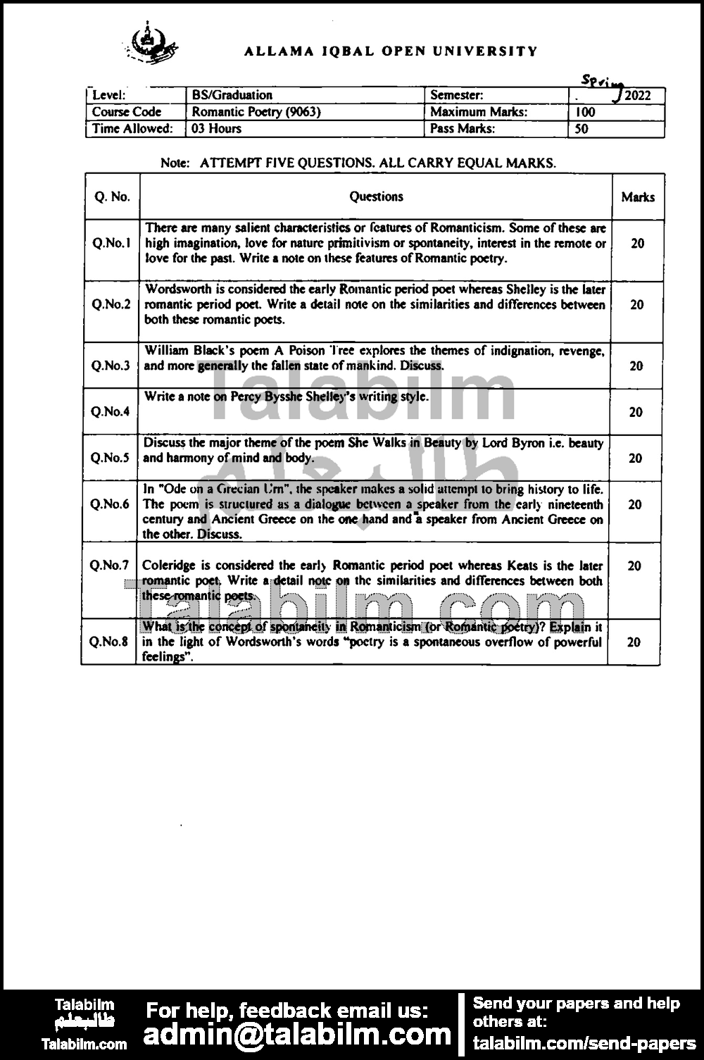 Romantic Poetry 9063 past paper for Spring 2022