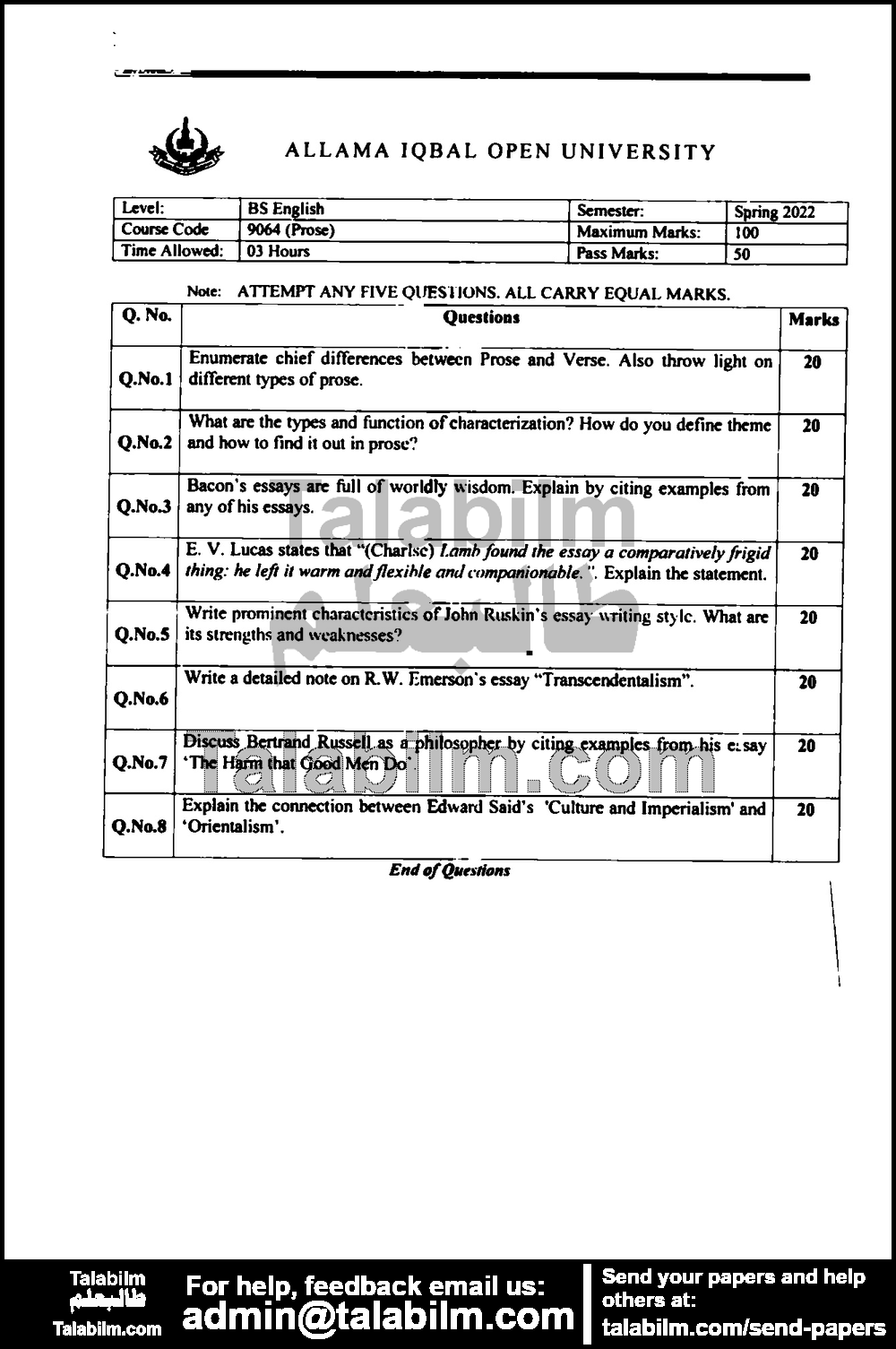 Prose 9064 past paper for Spring 2022