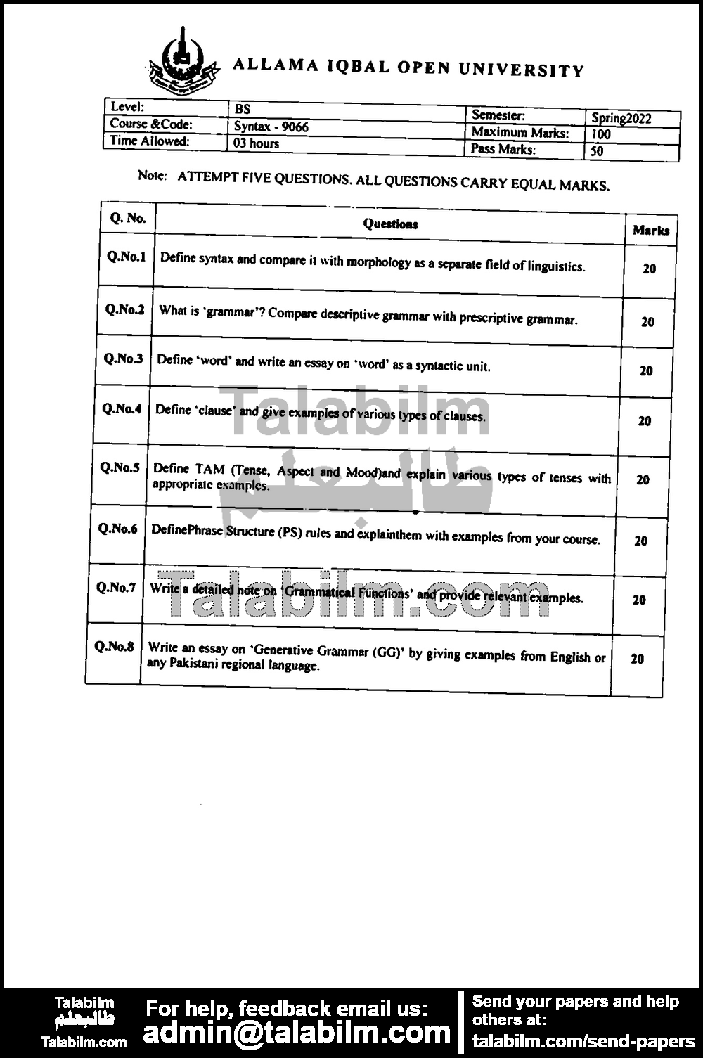 Syntax 9066 past paper for Spring 2022