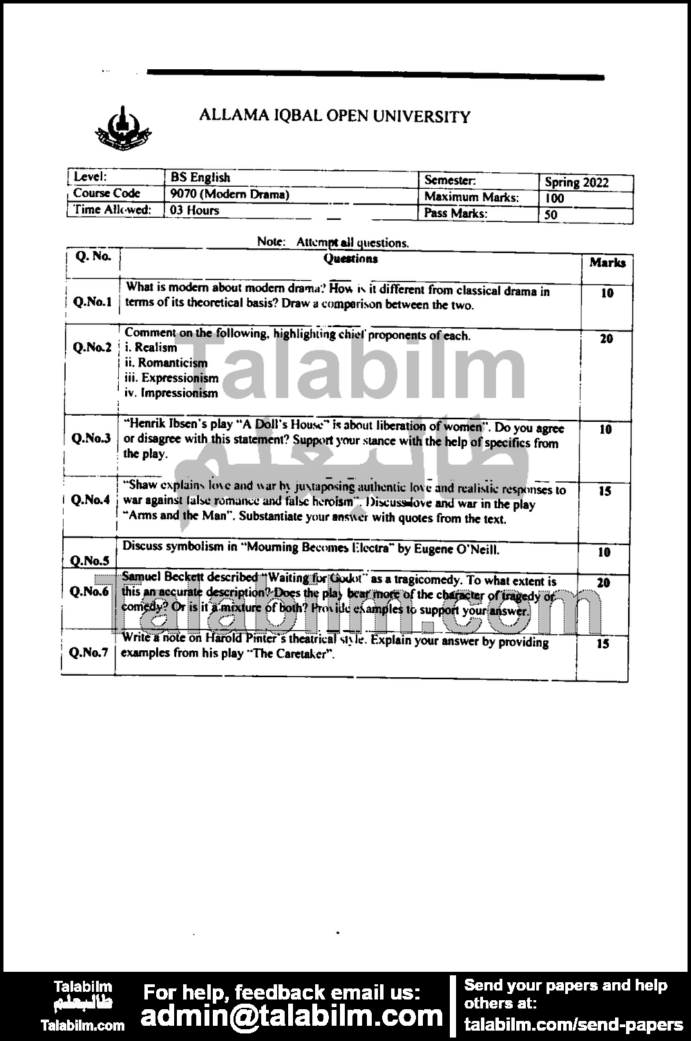 Modern Drama 9070 past paper for Spring 2022