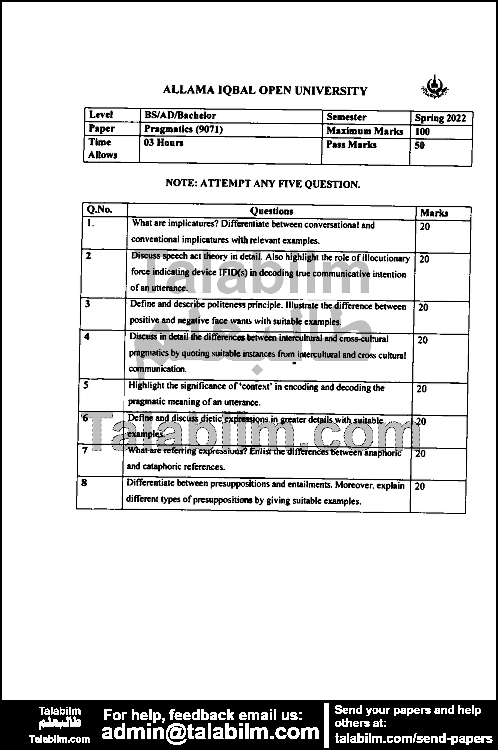 Pragmatics 9071 past paper for Spring 2022