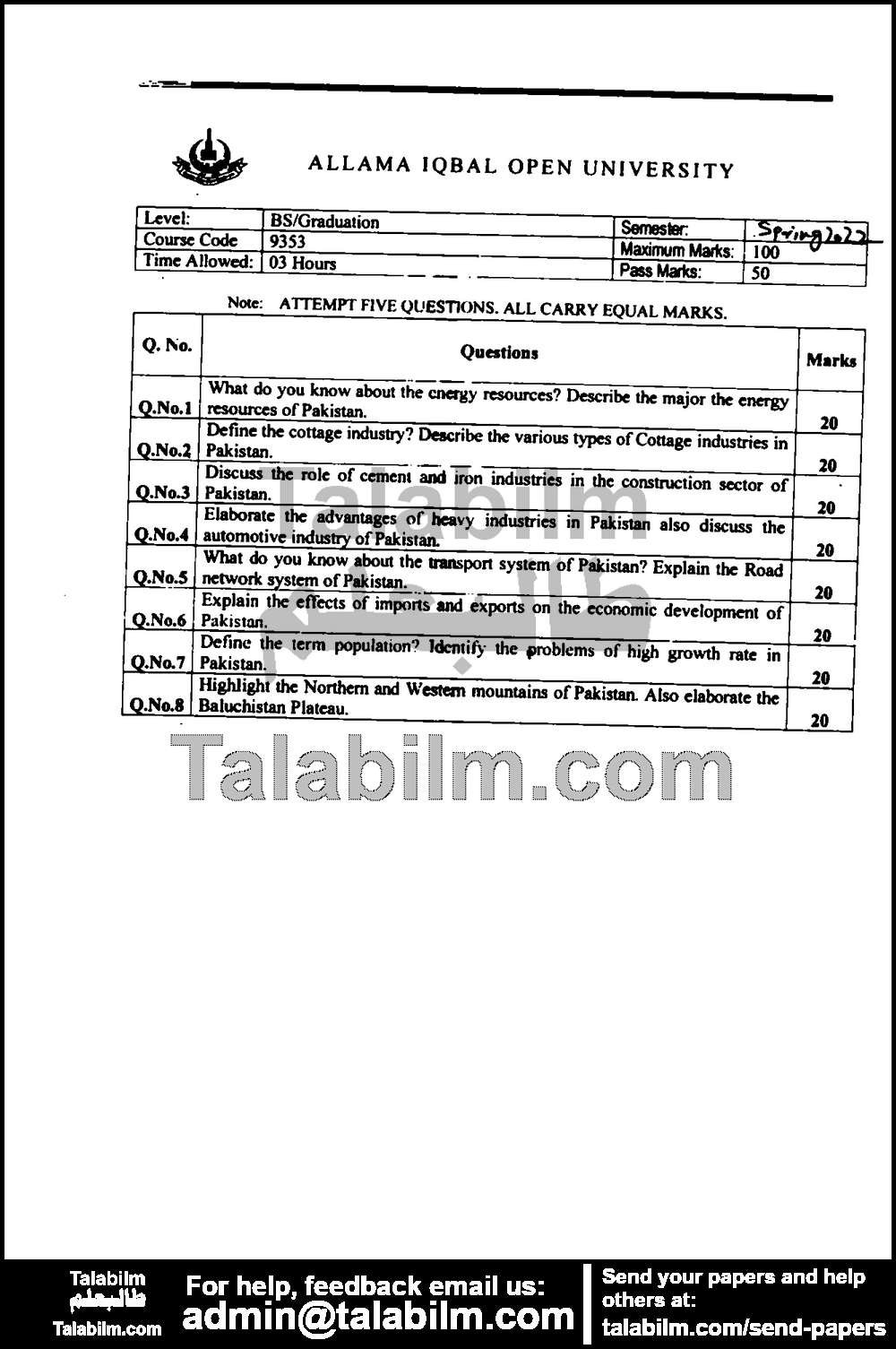 Geography of Pakistan II (M.C) 9353 past paper for Spring 2022