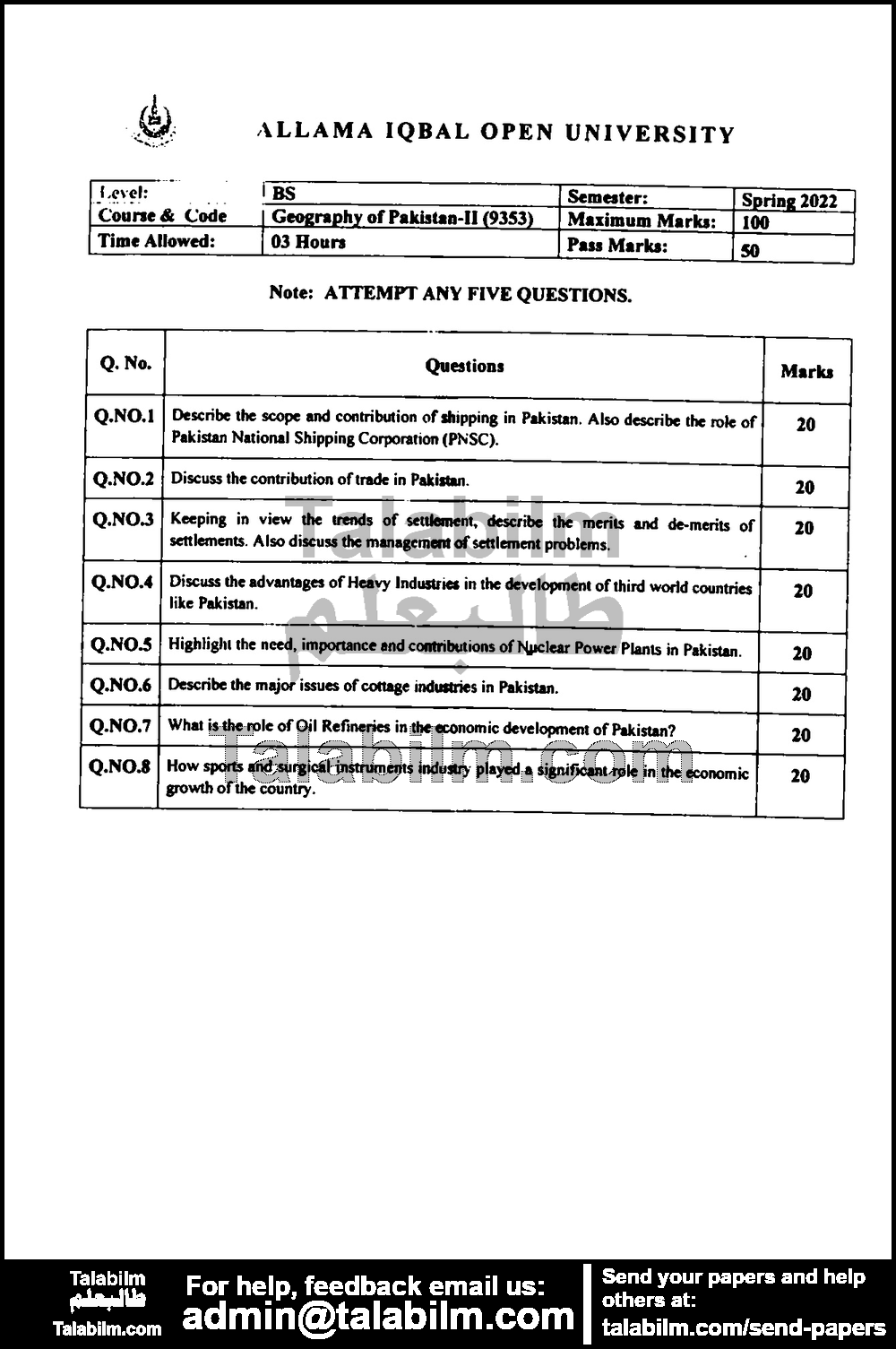 Geography of Pakistan II (M.C) 9353 past paper for Spring 2022 Page No. 2