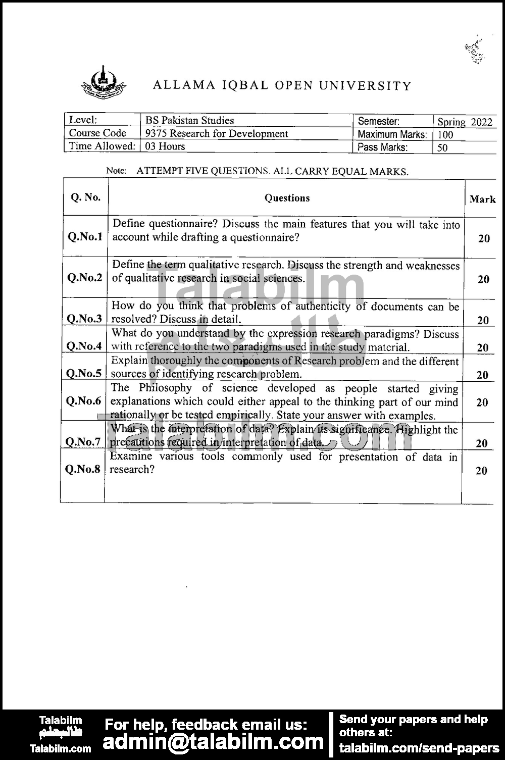 Research for Development (F.C) 9375 past paper for Spring 2022