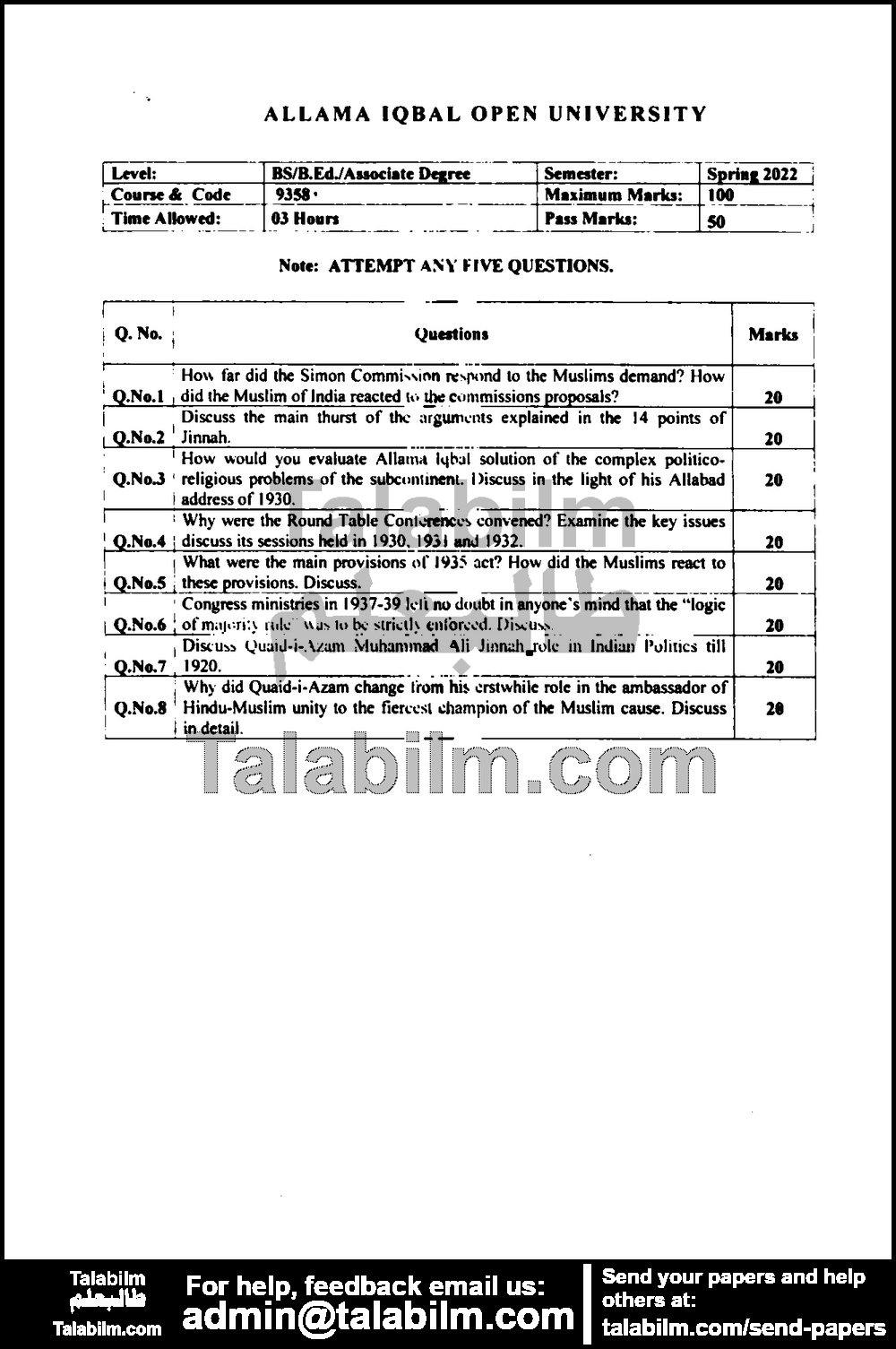 Genesis of Pakistan Movement (M.C) 9358 past paper for Spring 2022