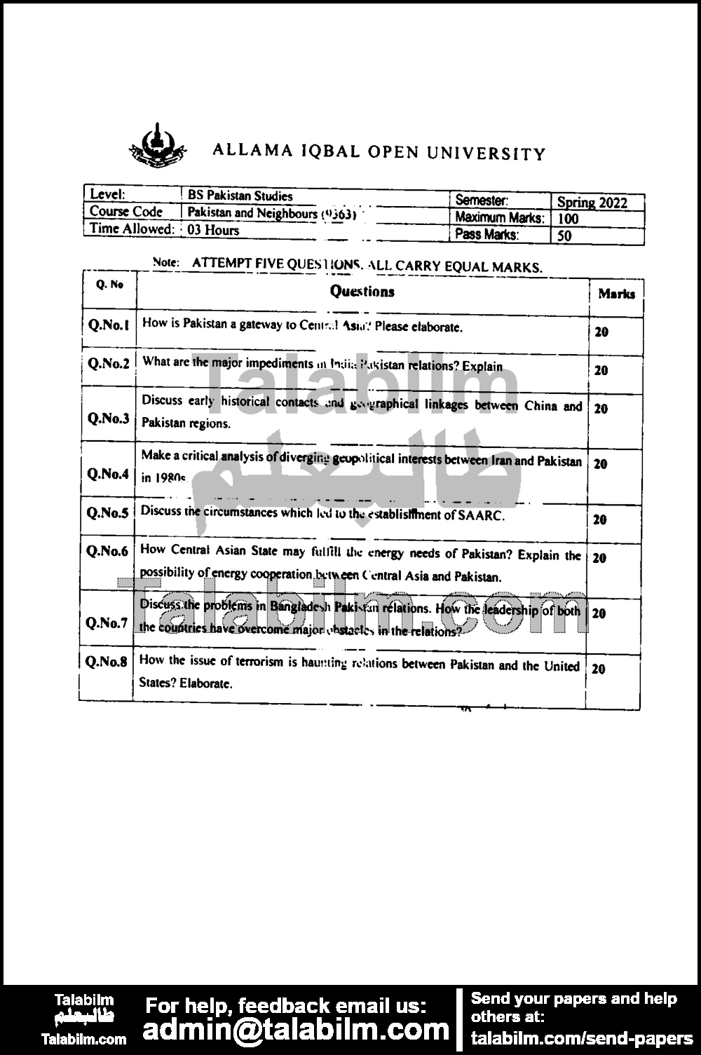 Pakistan and Neighbours (M.C) 9363 past paper for Spring 2022