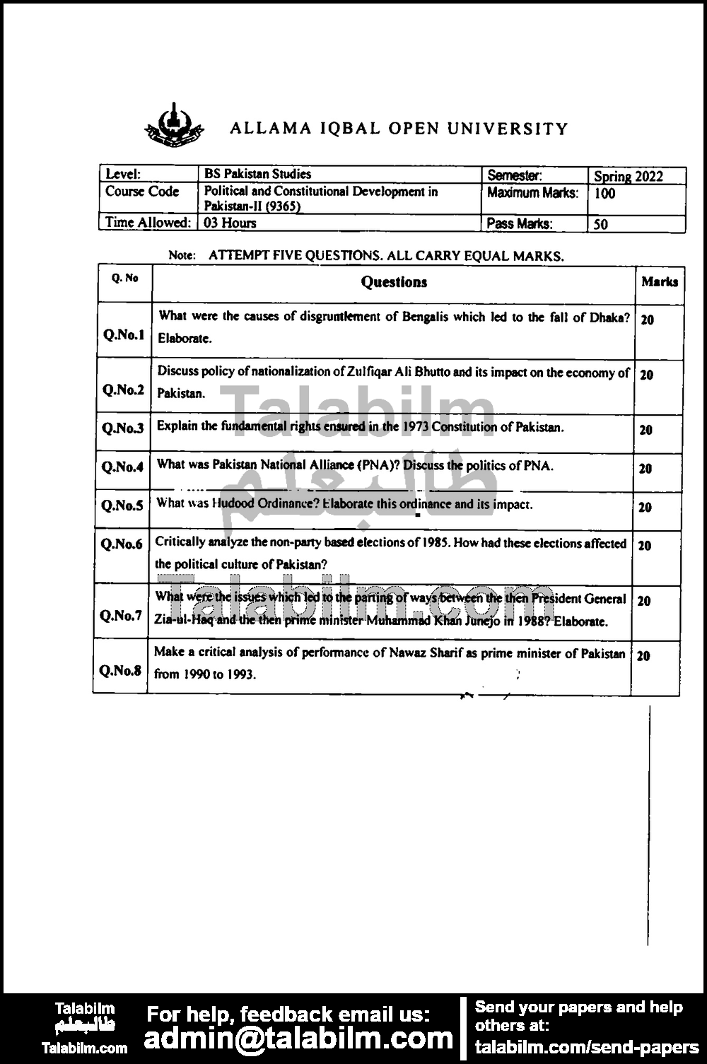 Political and Constitutional Development in Pakistan II (M.C) 9365 past paper for Spring 2022