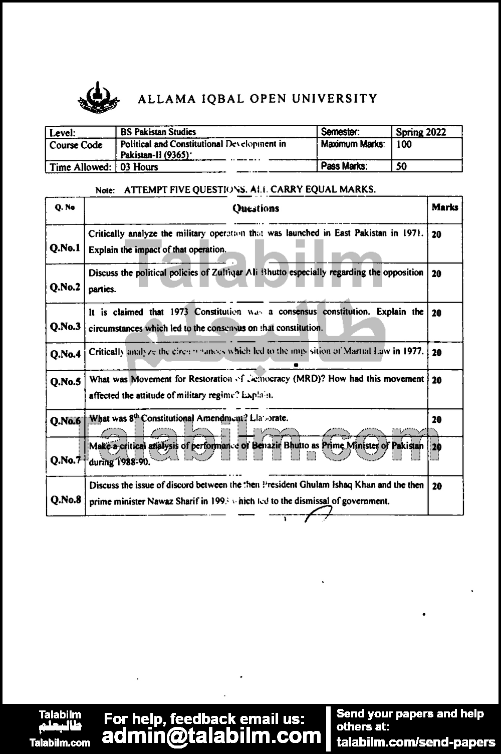 Political and Constitutional Development in Pakistan II (M.C) 9365 past paper for Spring 2022 Page No. 2