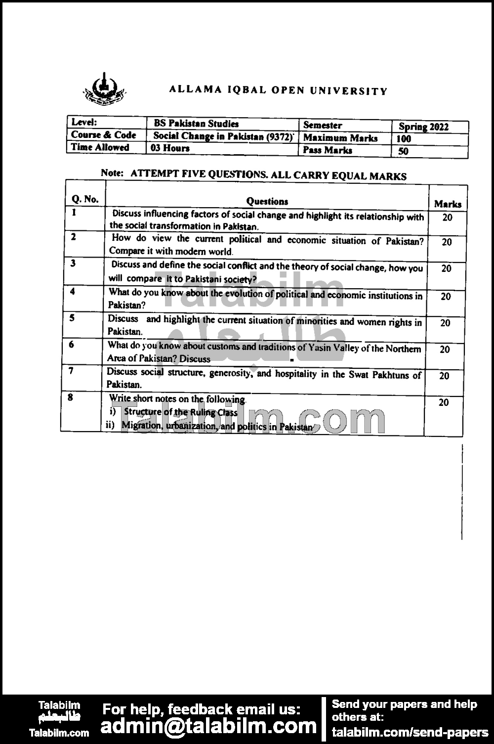 Social Change in Pakistan (M.C) 9372 past paper for Spring 2022