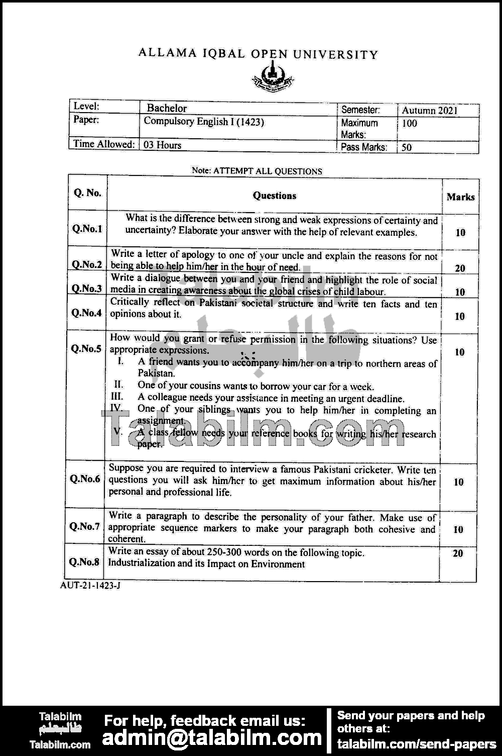 Compulsory English-I 1423 past paper for Autumn 2021 Page No. 9