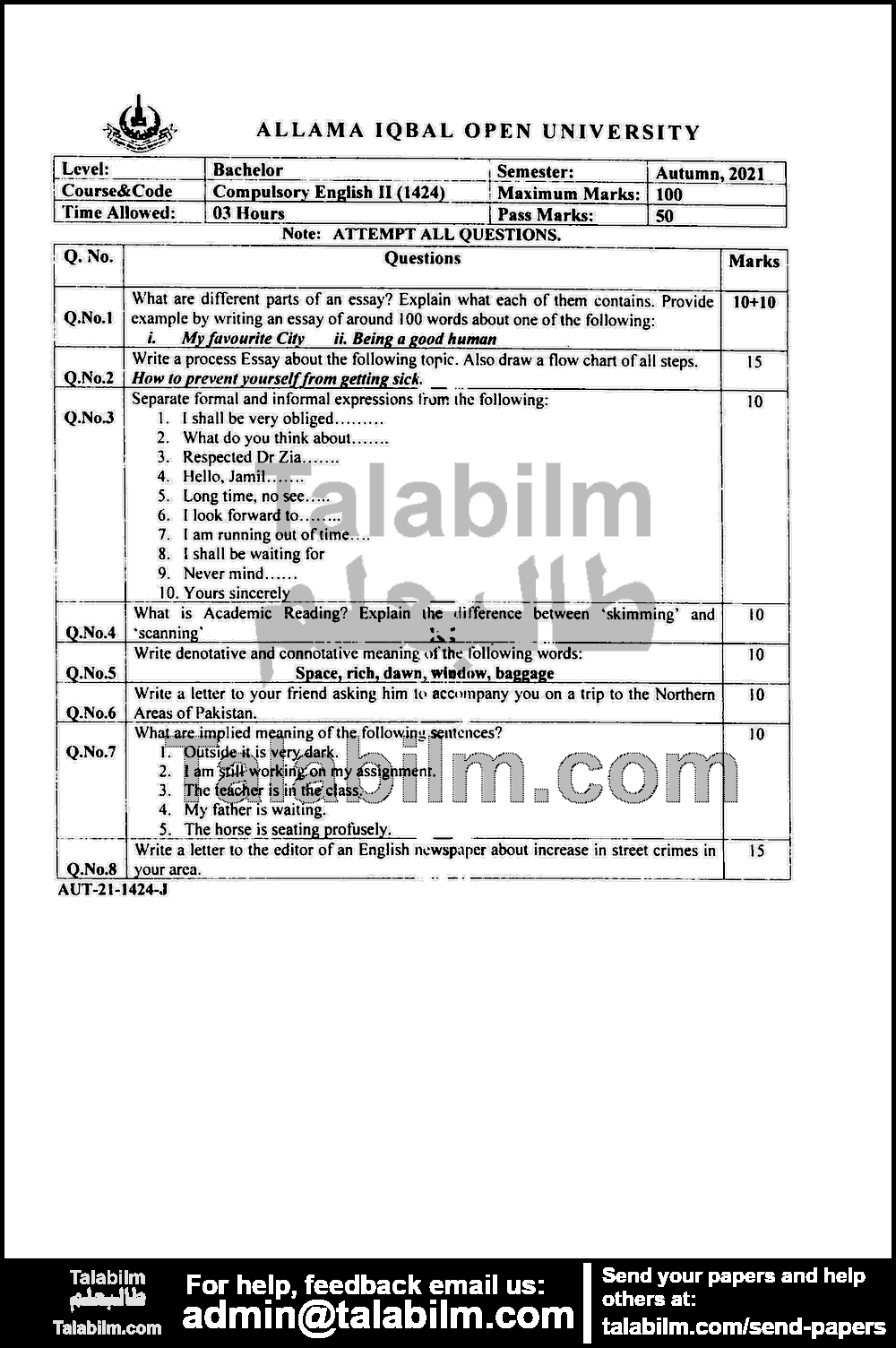 Compulsory English-II 1424 past paper for Autumn 2021 Page No. 10