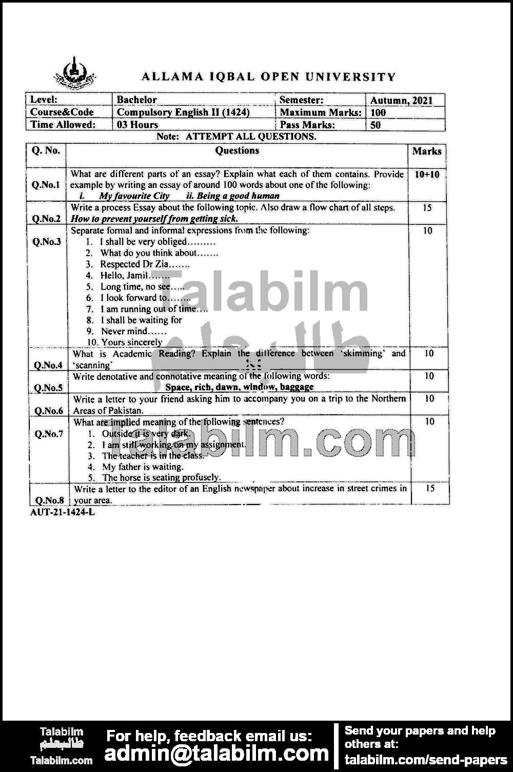 Compulsory English-II 1424 past paper for Autumn 2021 Page No. 11