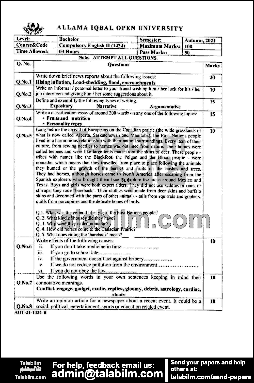 Compulsory English-II 1424 past paper for Autumn 2021 Page No. 2