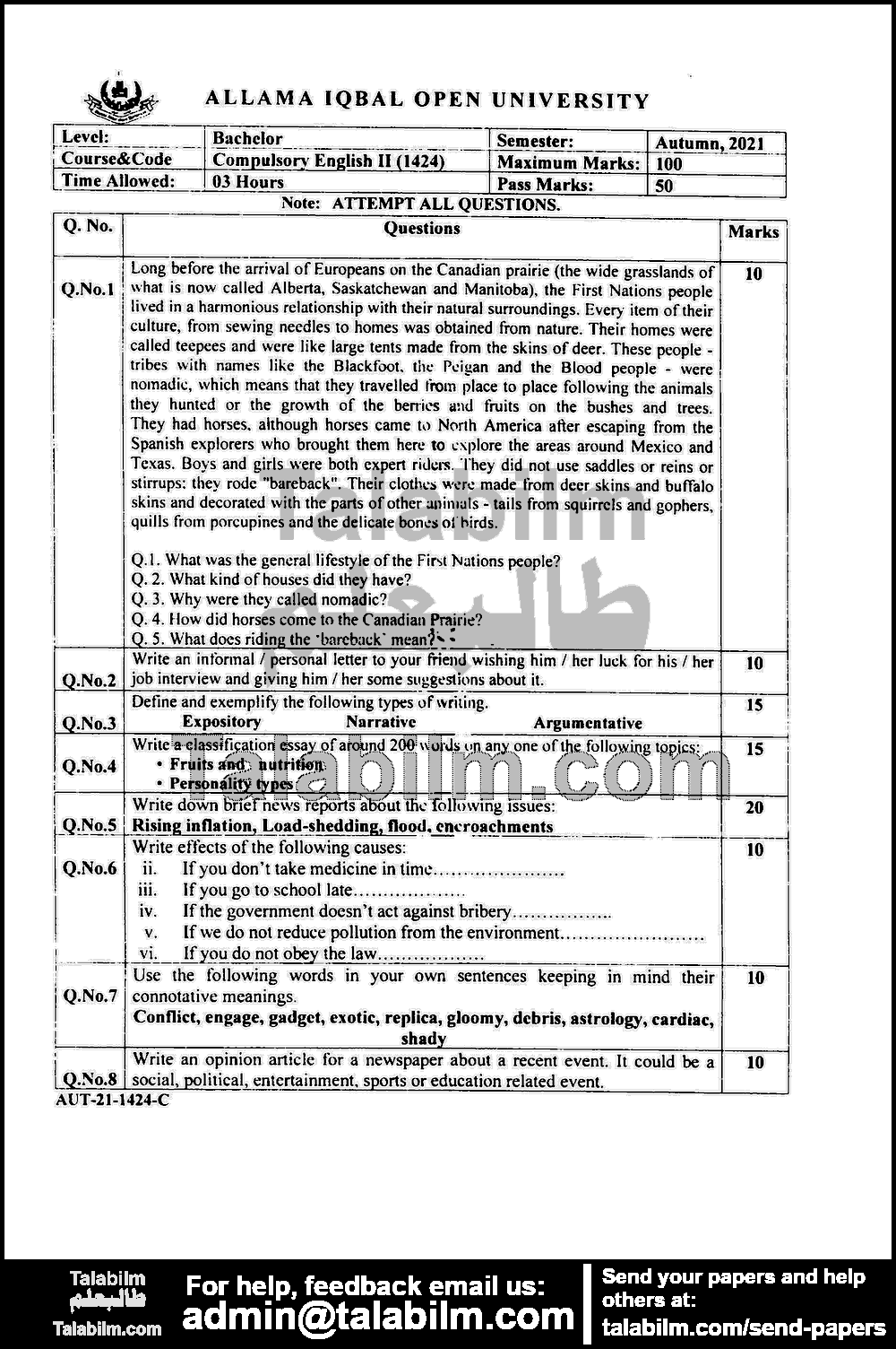 Compulsory English-II 1424 past paper for Autumn 2021 Page No. 3