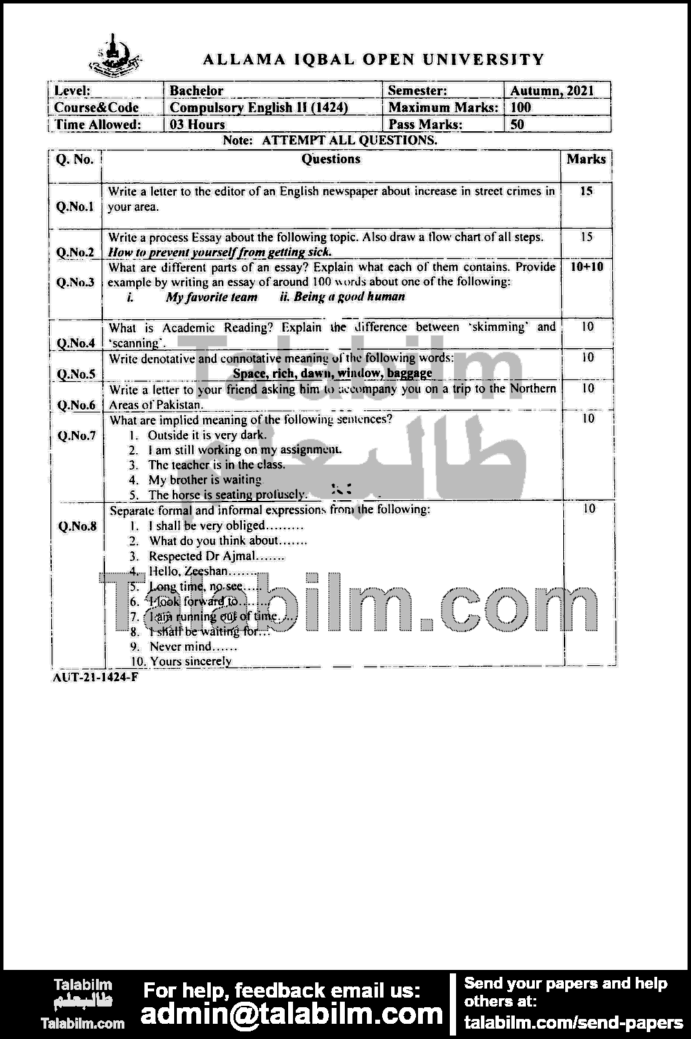 Compulsory English-II 1424 past paper for Autumn 2021 Page No. 6