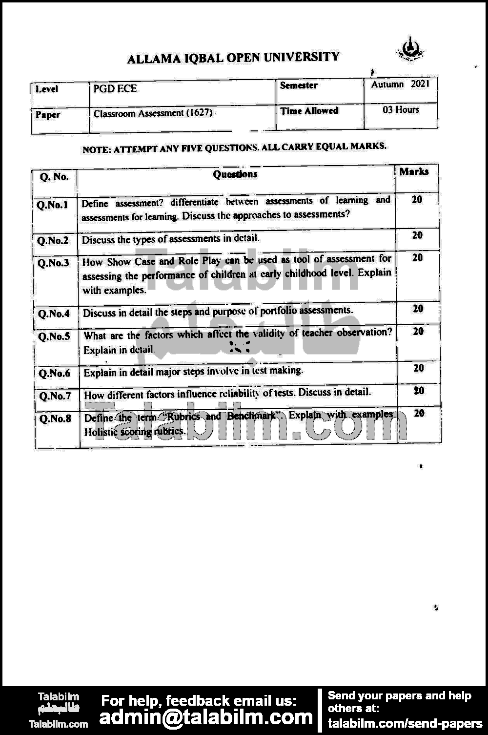 Classroom Assessment 1627 past paper for Autumn 2021 Page No. 2