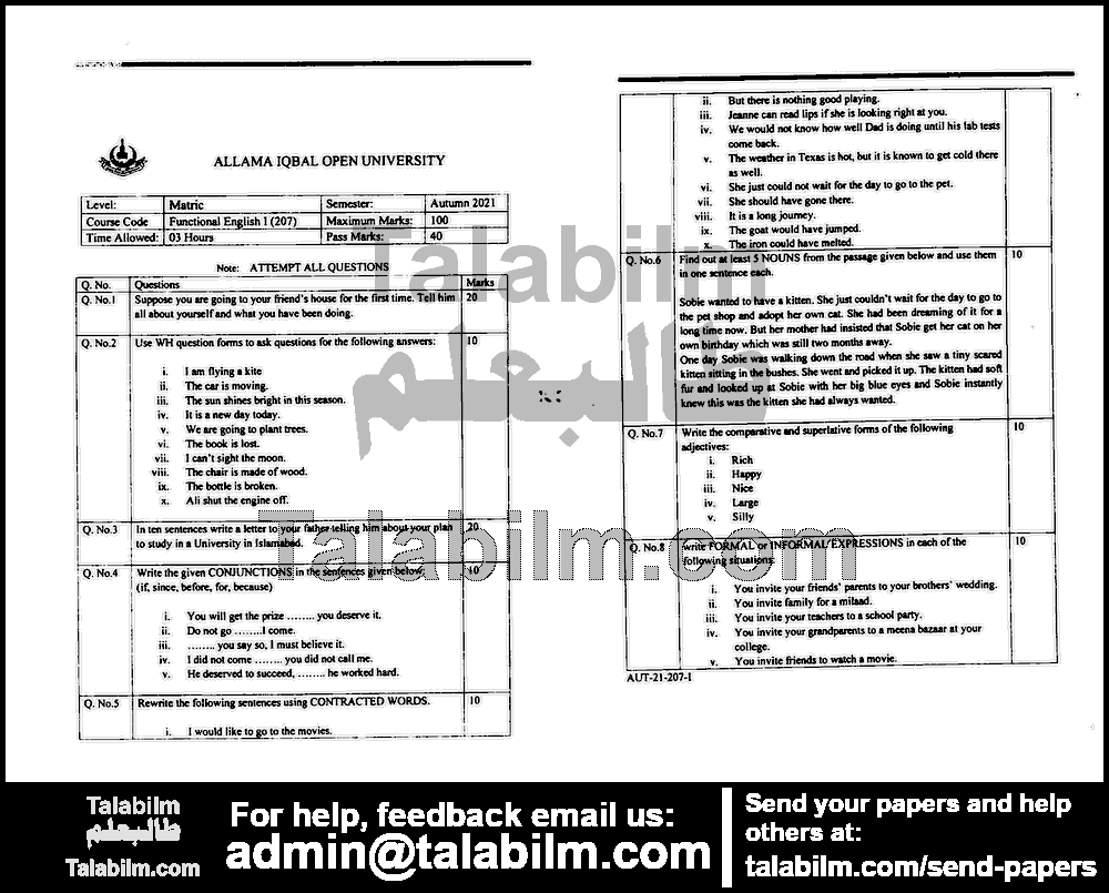 Compulsory English-I 207 past paper for Autumn 2021 Page No. 8