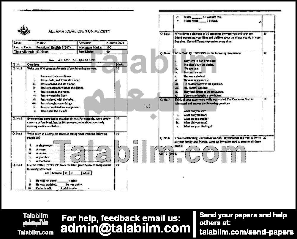 Compulsory English-I 207 past paper for Autumn 2021 Page No. 9