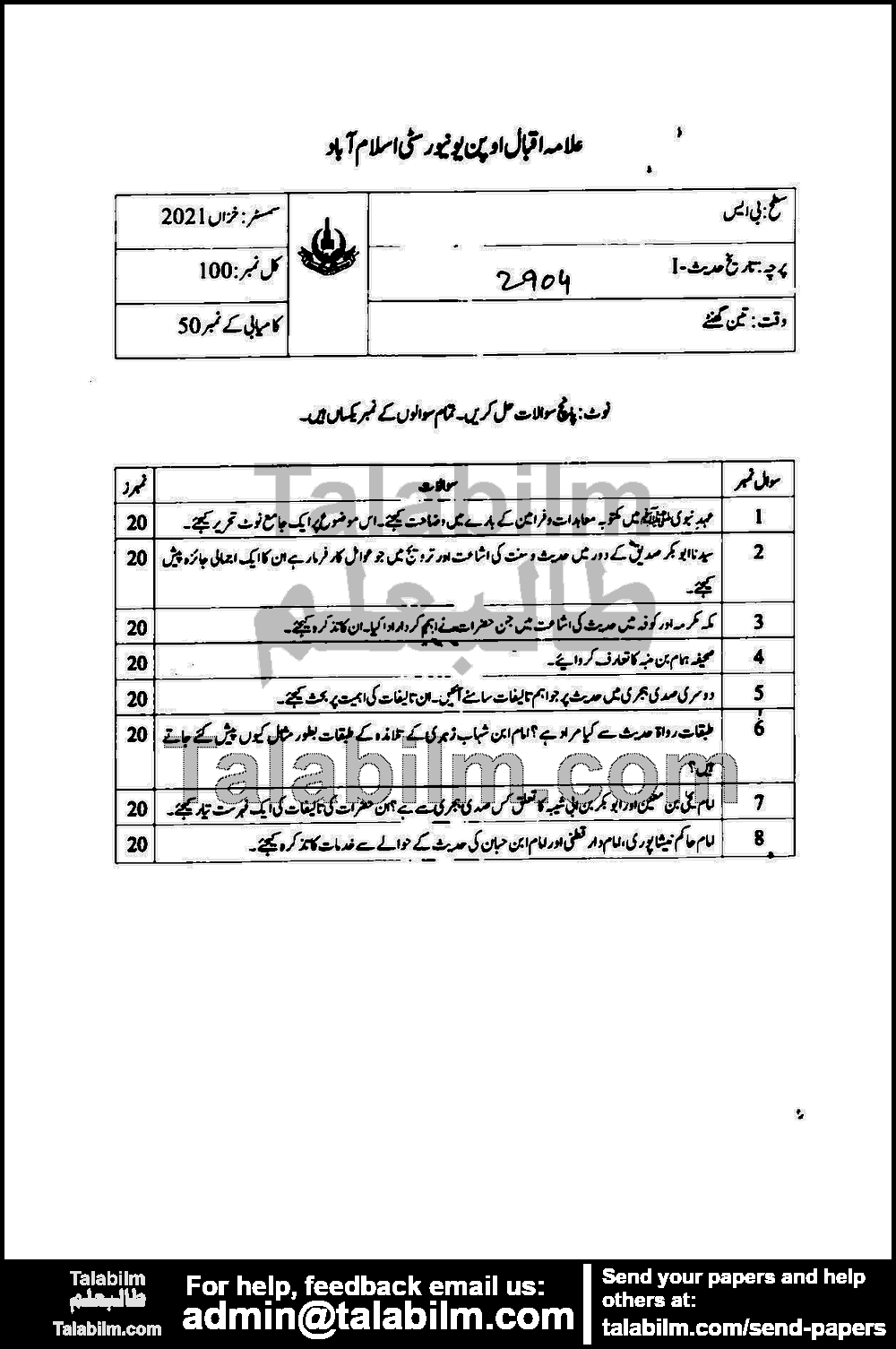 History of Hadith-I 2904 past paper for Autumn 2021