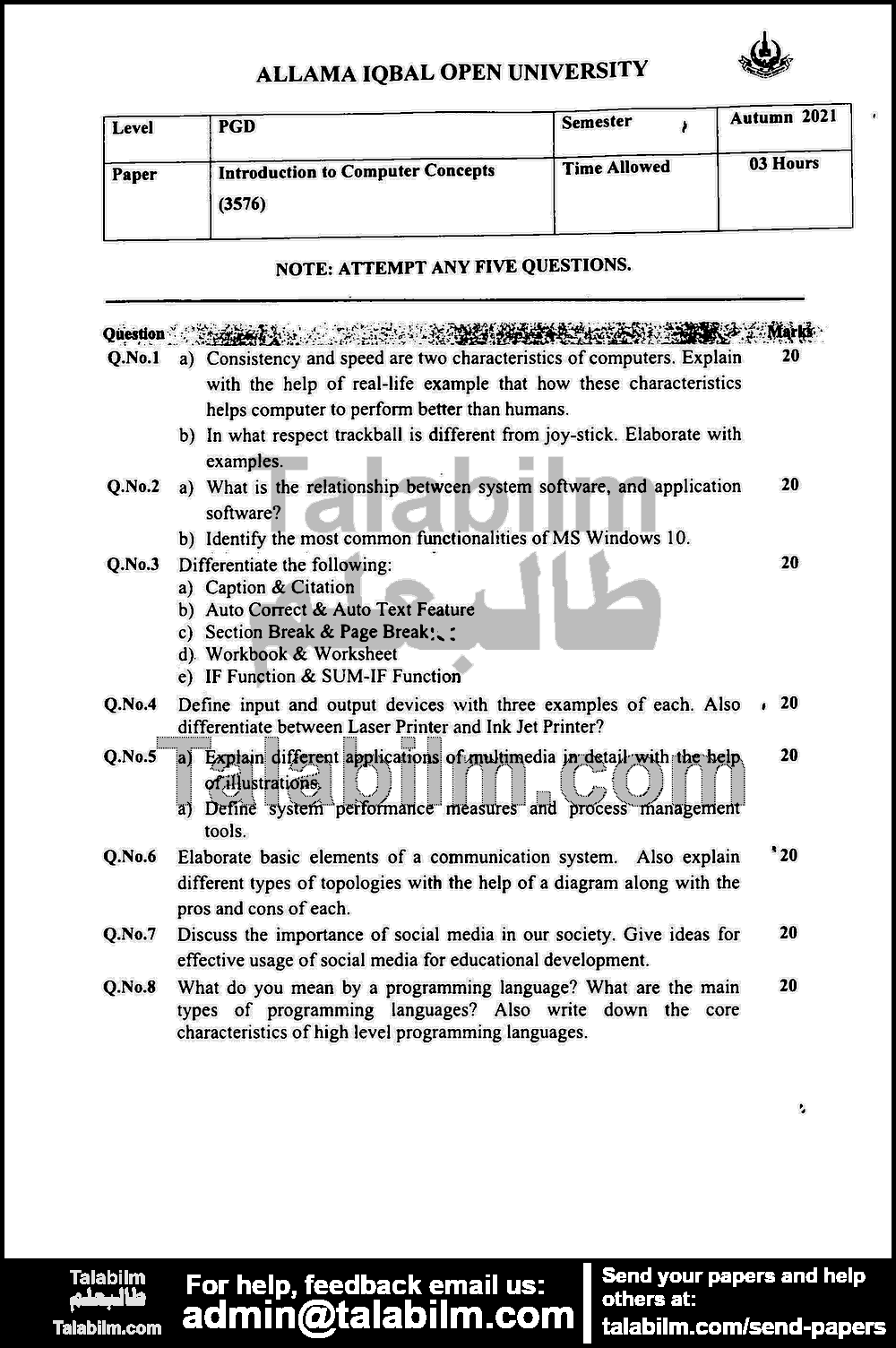 introduction To information and Communication Technology 3576 past paper for Autumn 2021