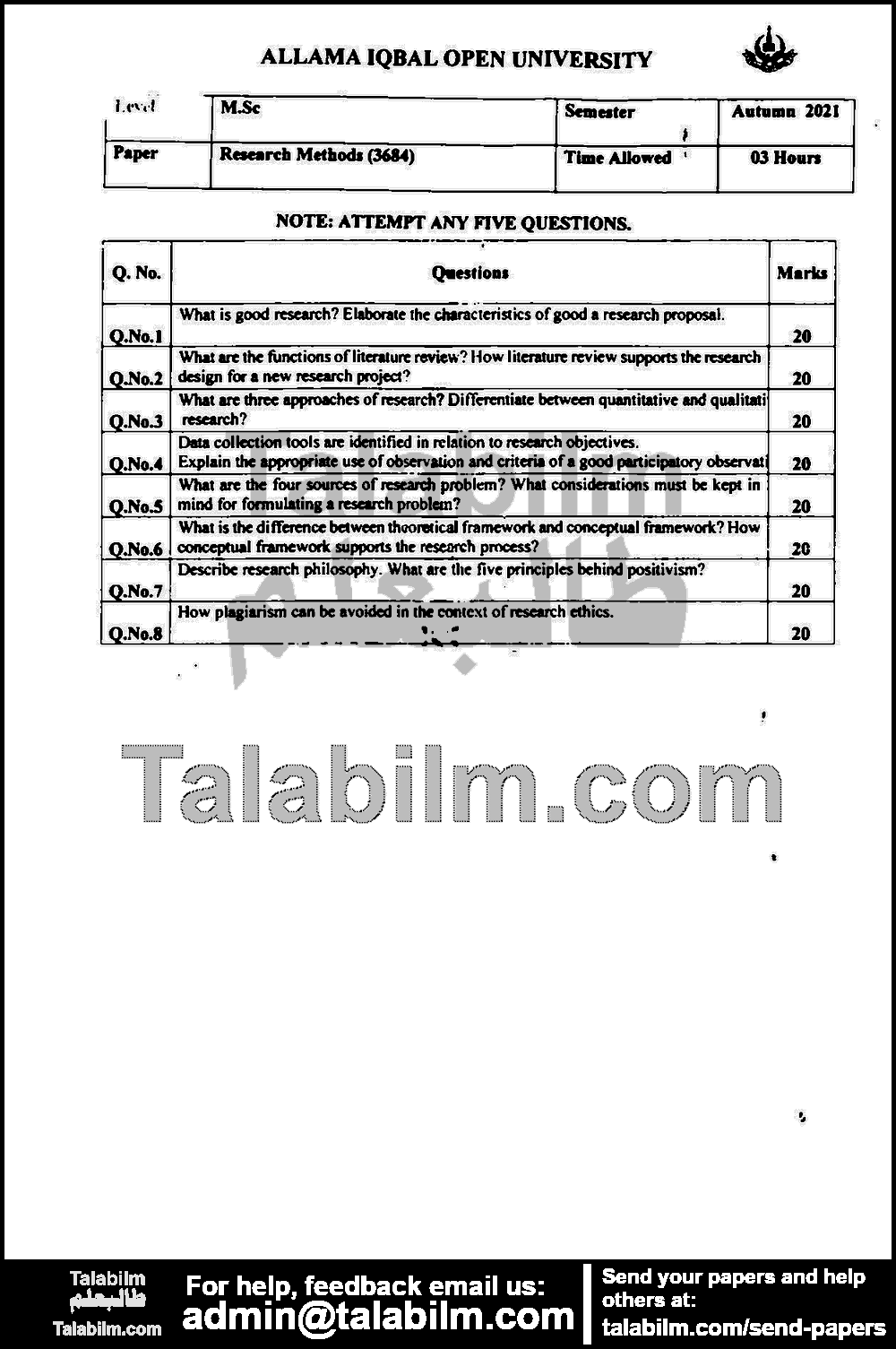 Research Methods 3684 past paper for Autumn 2021