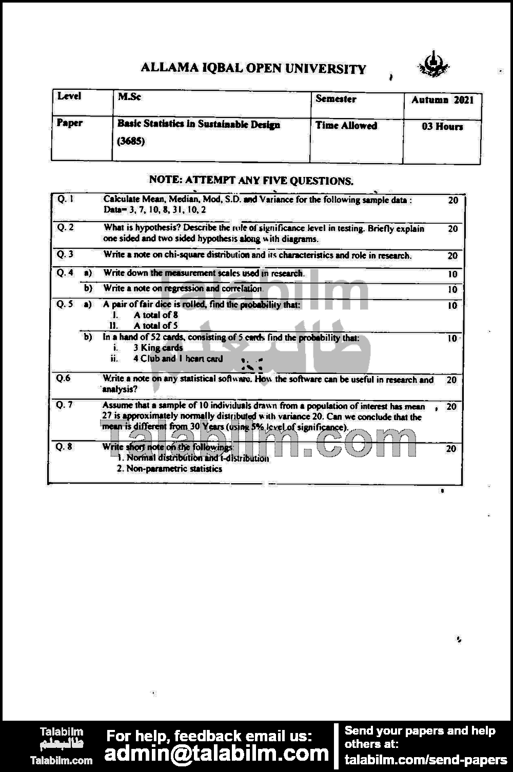 Basic Statistics 3685 past paper for Autumn 2021