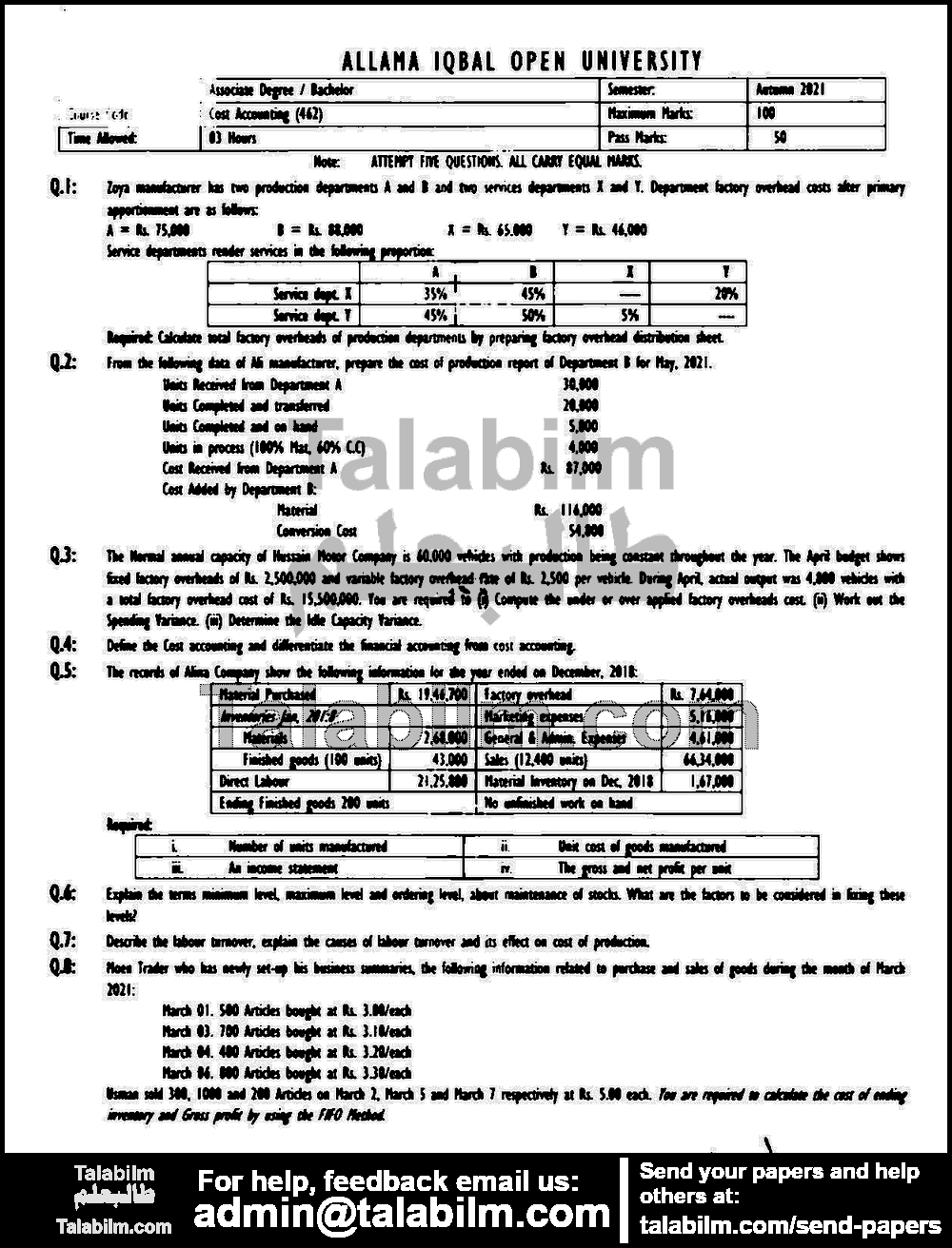 Cost Accounting 462 past paper for Autumn 2021 Page No. 2