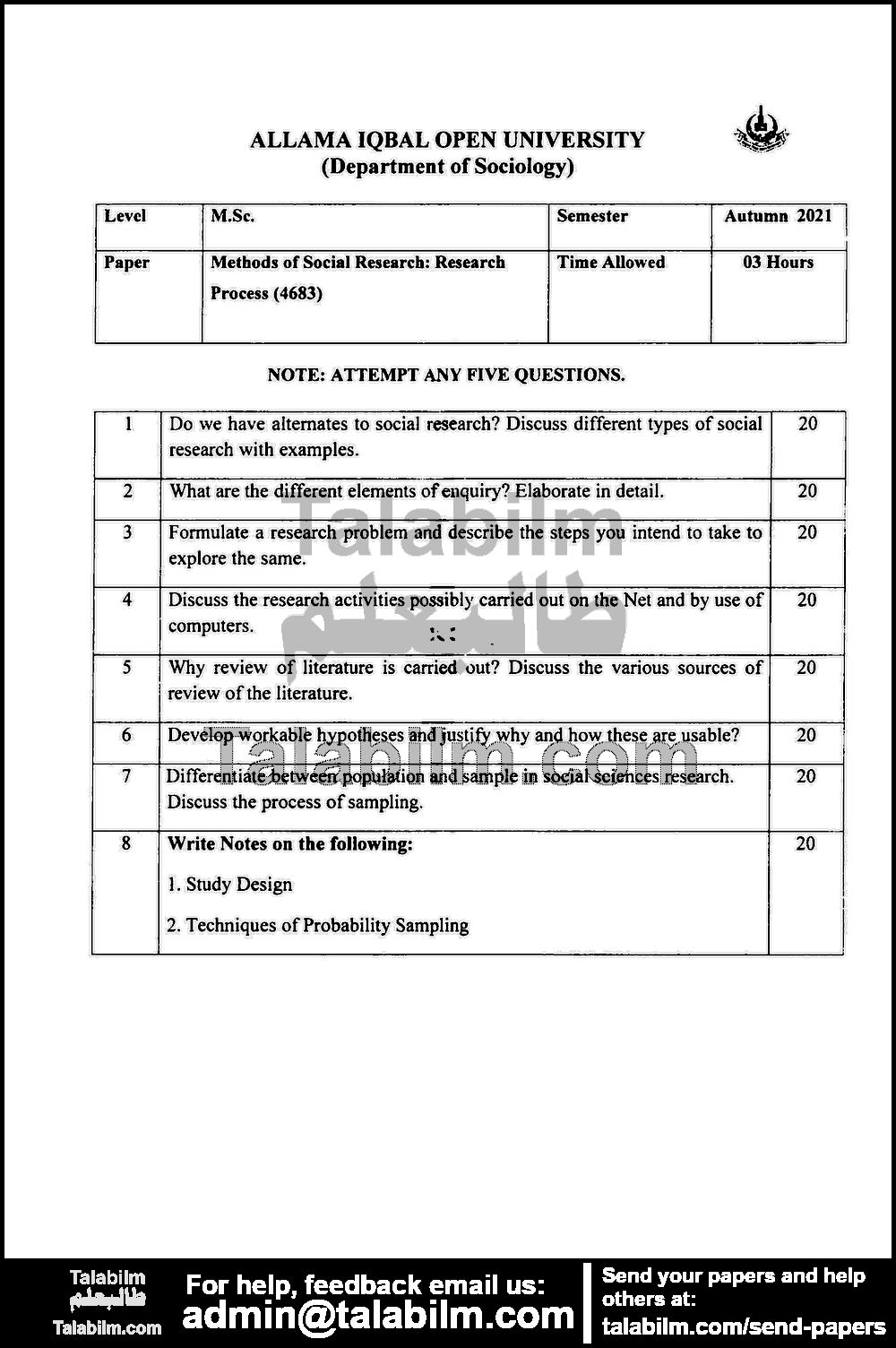  Methods of Social Research: Research Process 4683 past paper for Autumn 2021