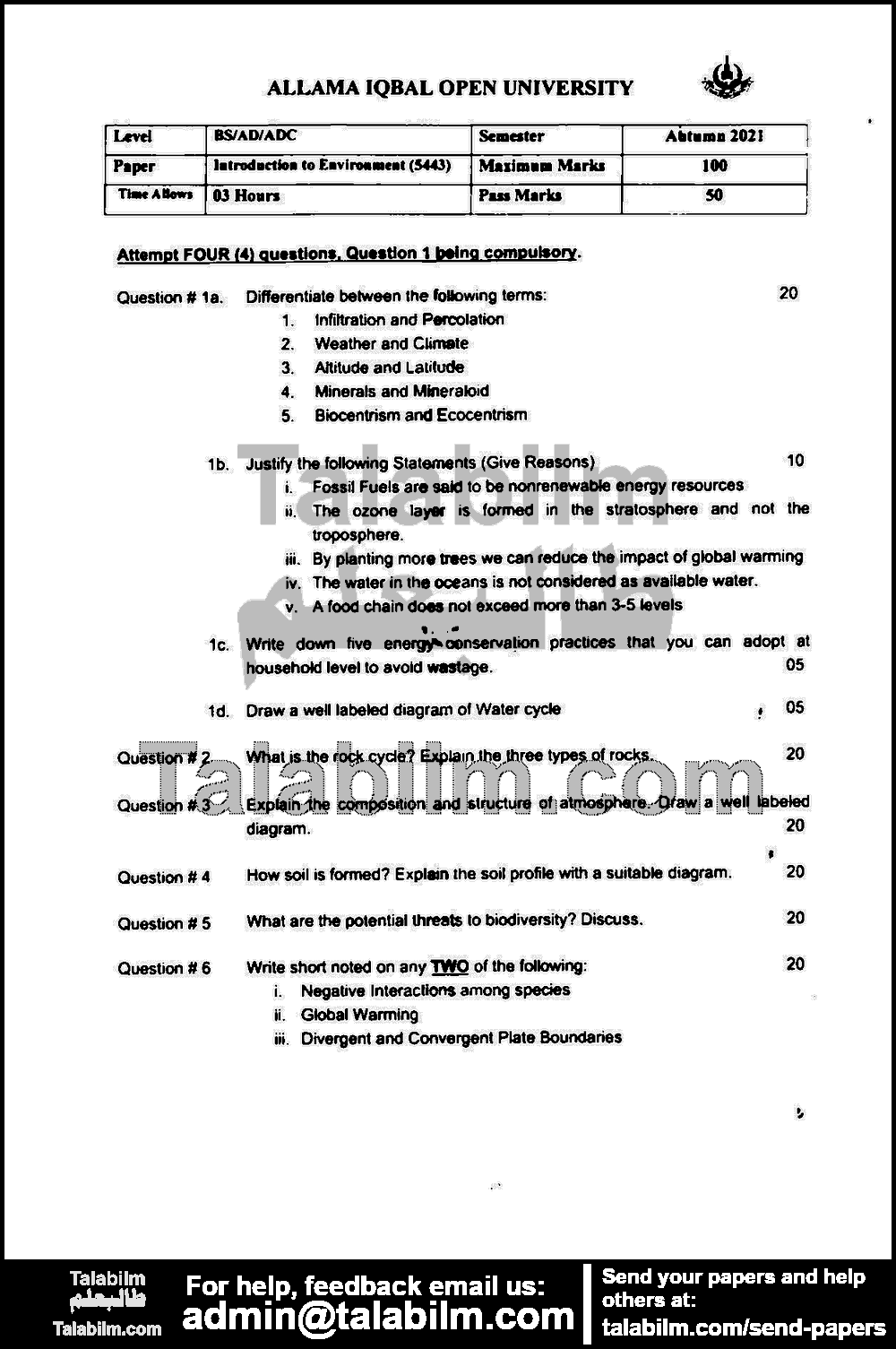 Introduction to Environment 5443 past paper for Autumn 2021