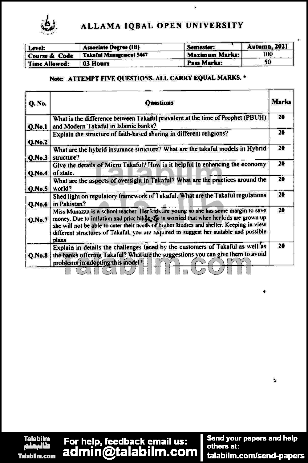 Takaful Management 5447 past paper for Autumn 2021