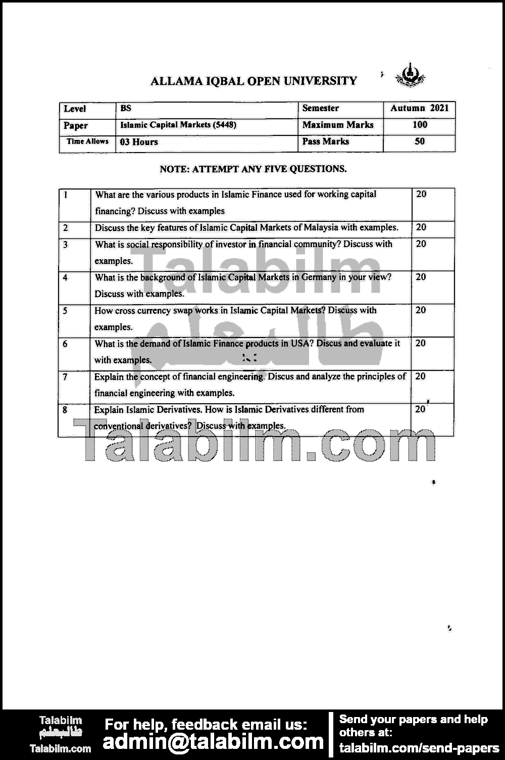 Islamic Capital Markets 5448 past paper for Autumn 2021