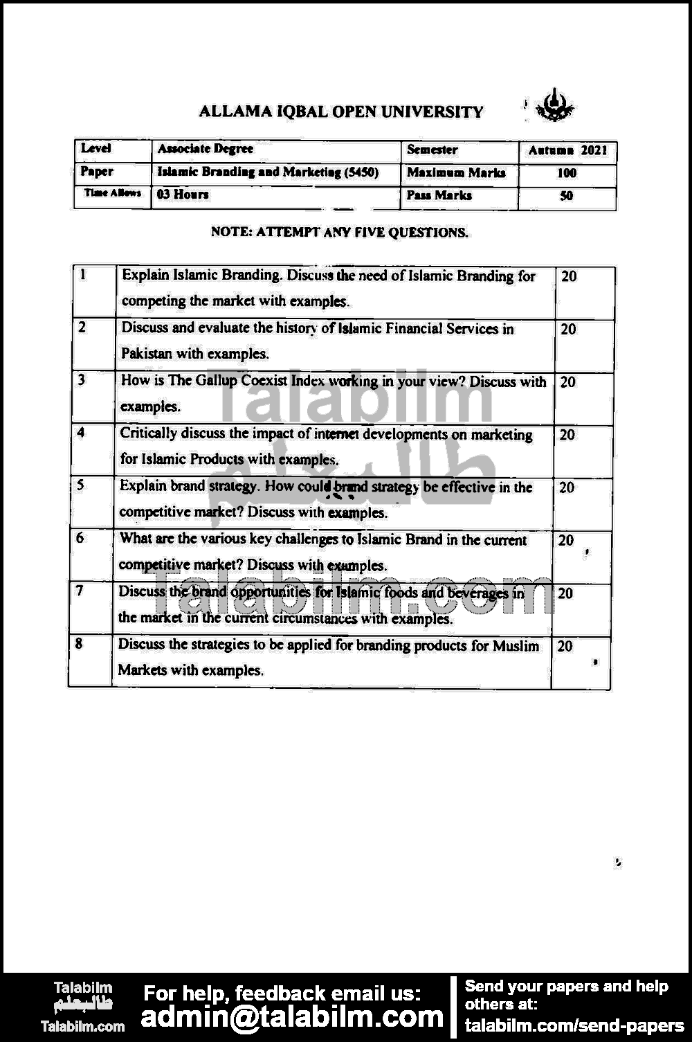 Islamic Branding and Marketing 5450 past paper for Autumn 2021