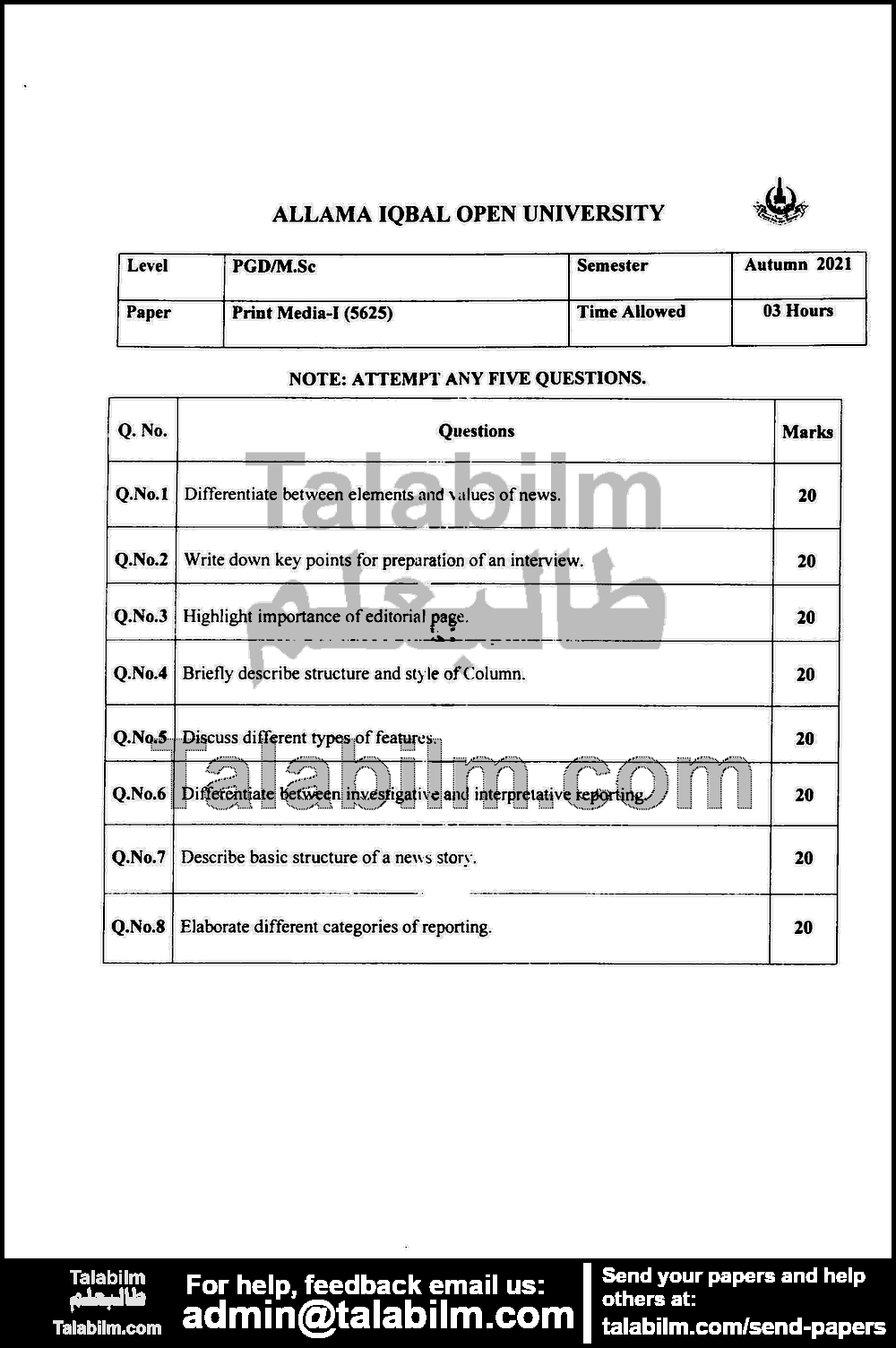 Print Media Part-I 5625 past paper for Autumn 2021