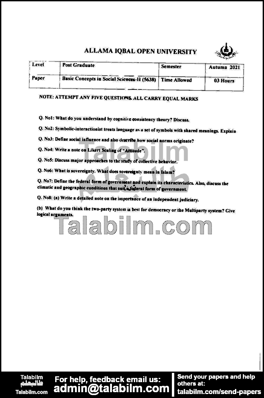 Basic Concepts in Social Sciences Part-II 5638 past paper for Autumn 2021 Page No. 2