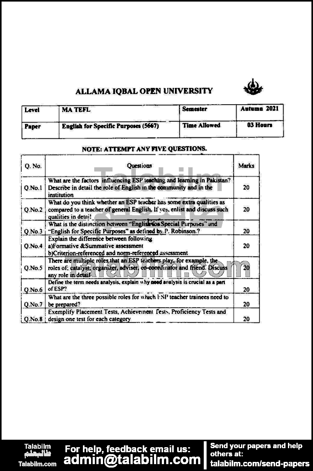 English For Specific Purposes 5667 past paper for Autumn 2021