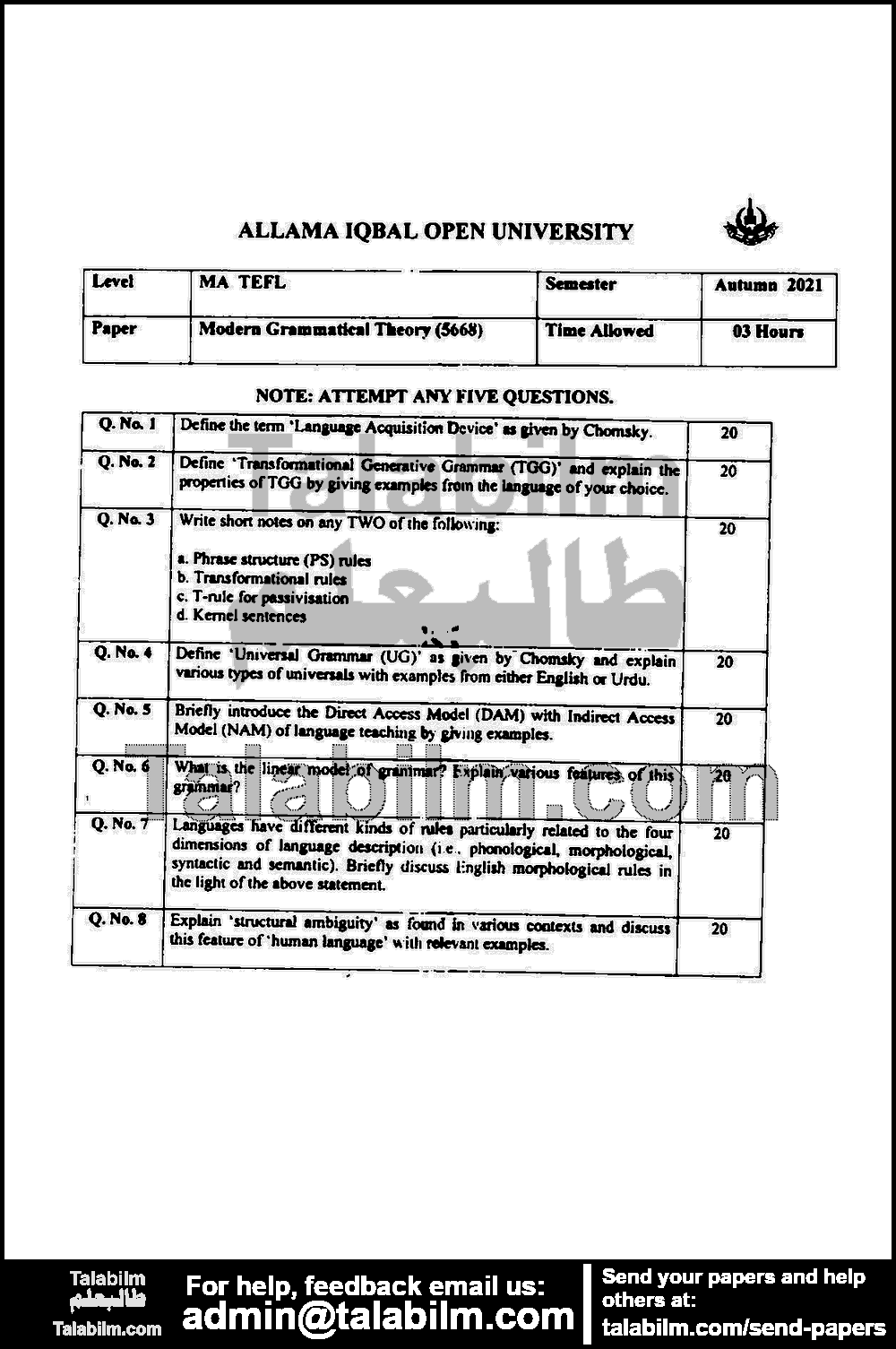 Modern Grammatical theory 5668 past paper for Autumn 2021