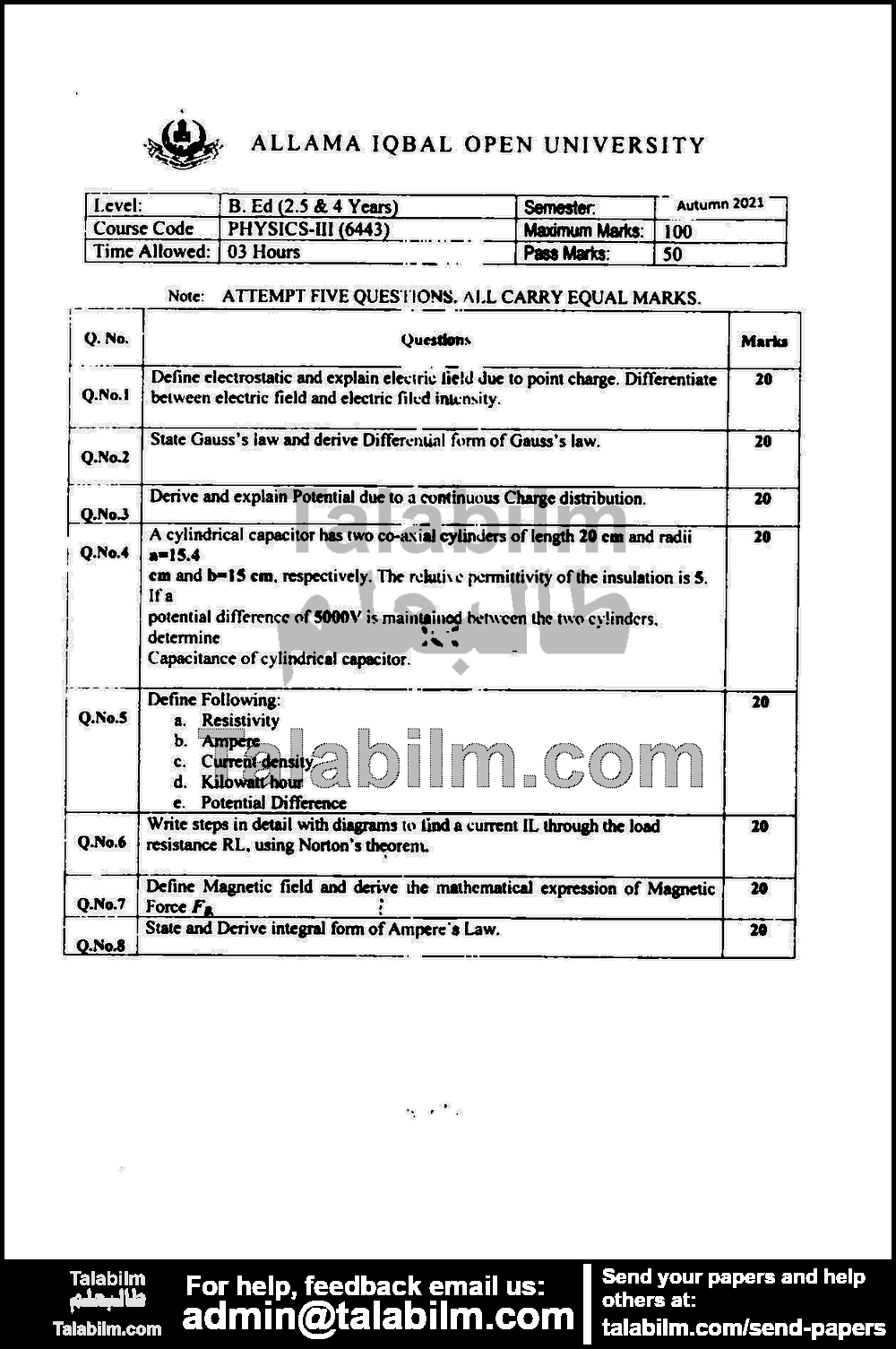 Physics-III 6443 past paper for Autumn 2021