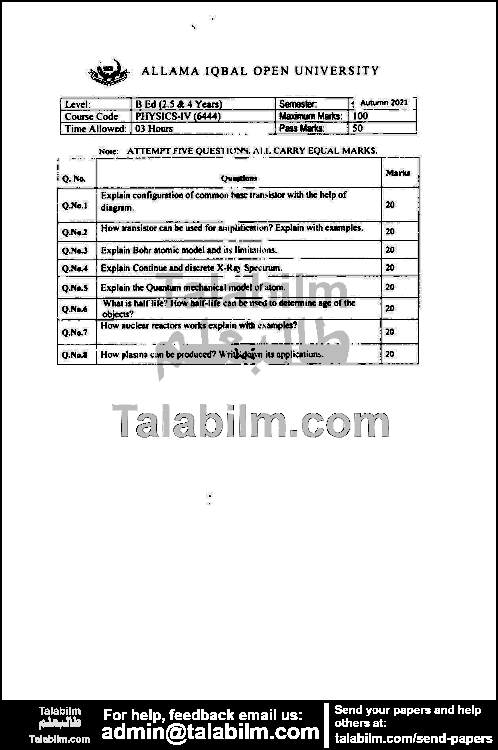 Physics-IV 6444 past paper for Autumn 2021