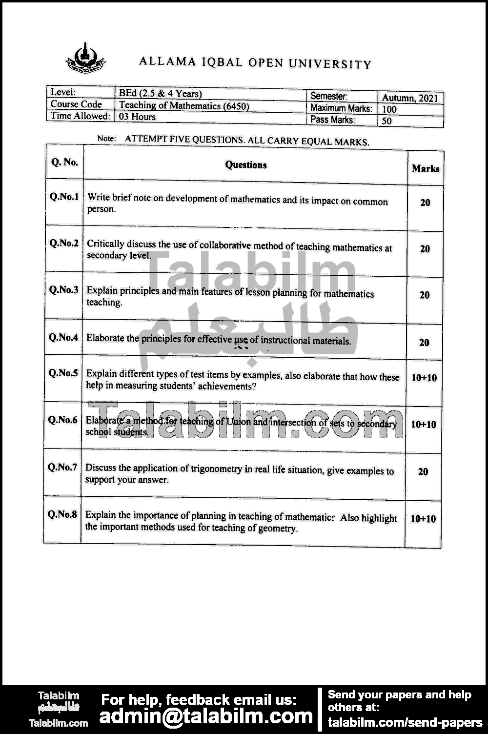 Teaching of Mathematics 6450 past paper for Autumn 2021