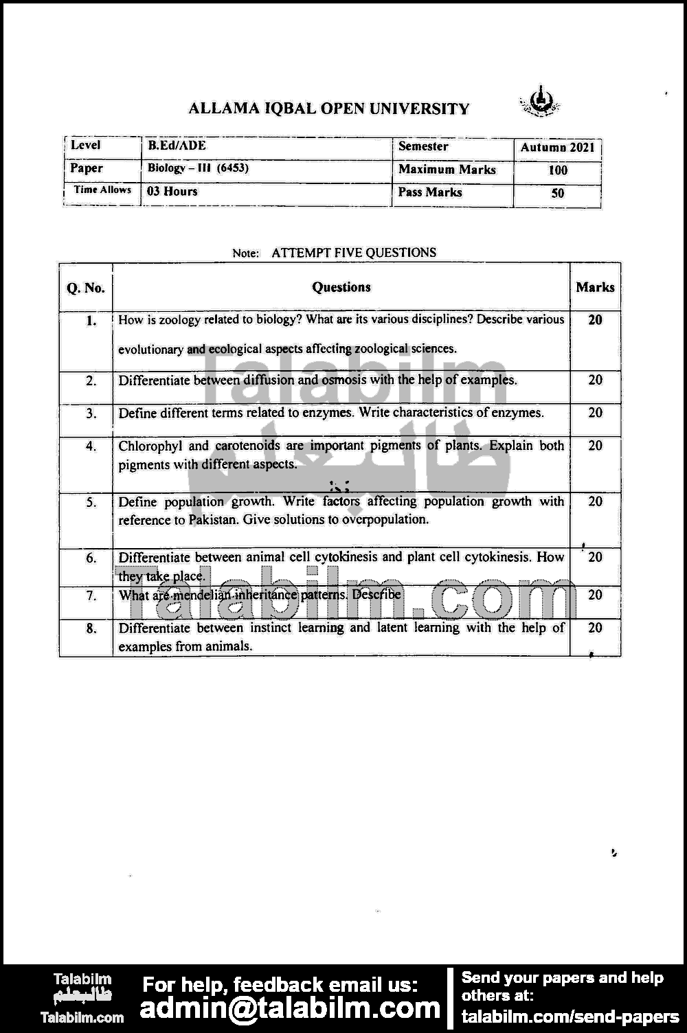 Biology-III 6453 past paper for Autumn 2021