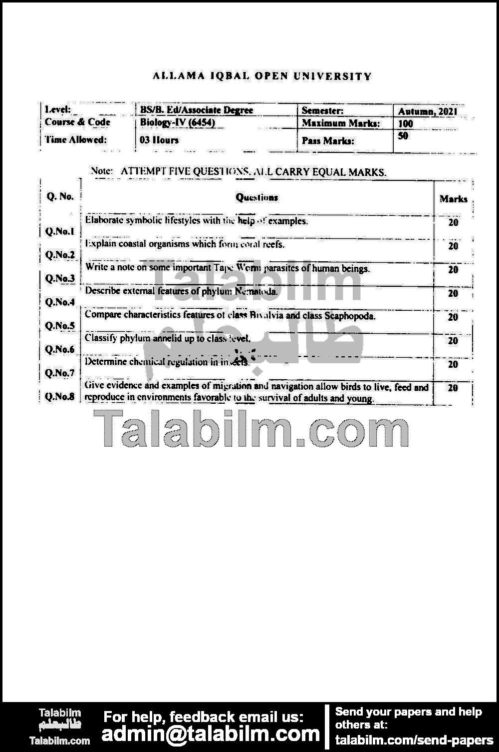 Biology-IV 6454 past paper for Autumn 2021