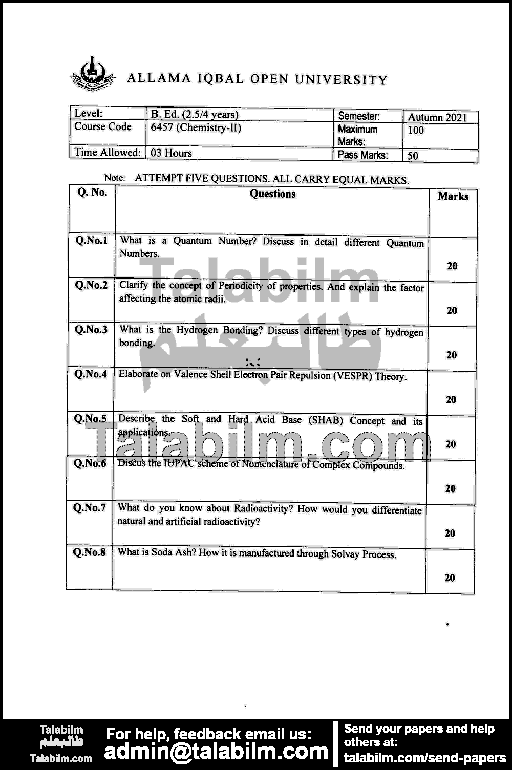 Chemistry-II 6457 past paper for Autumn 2021