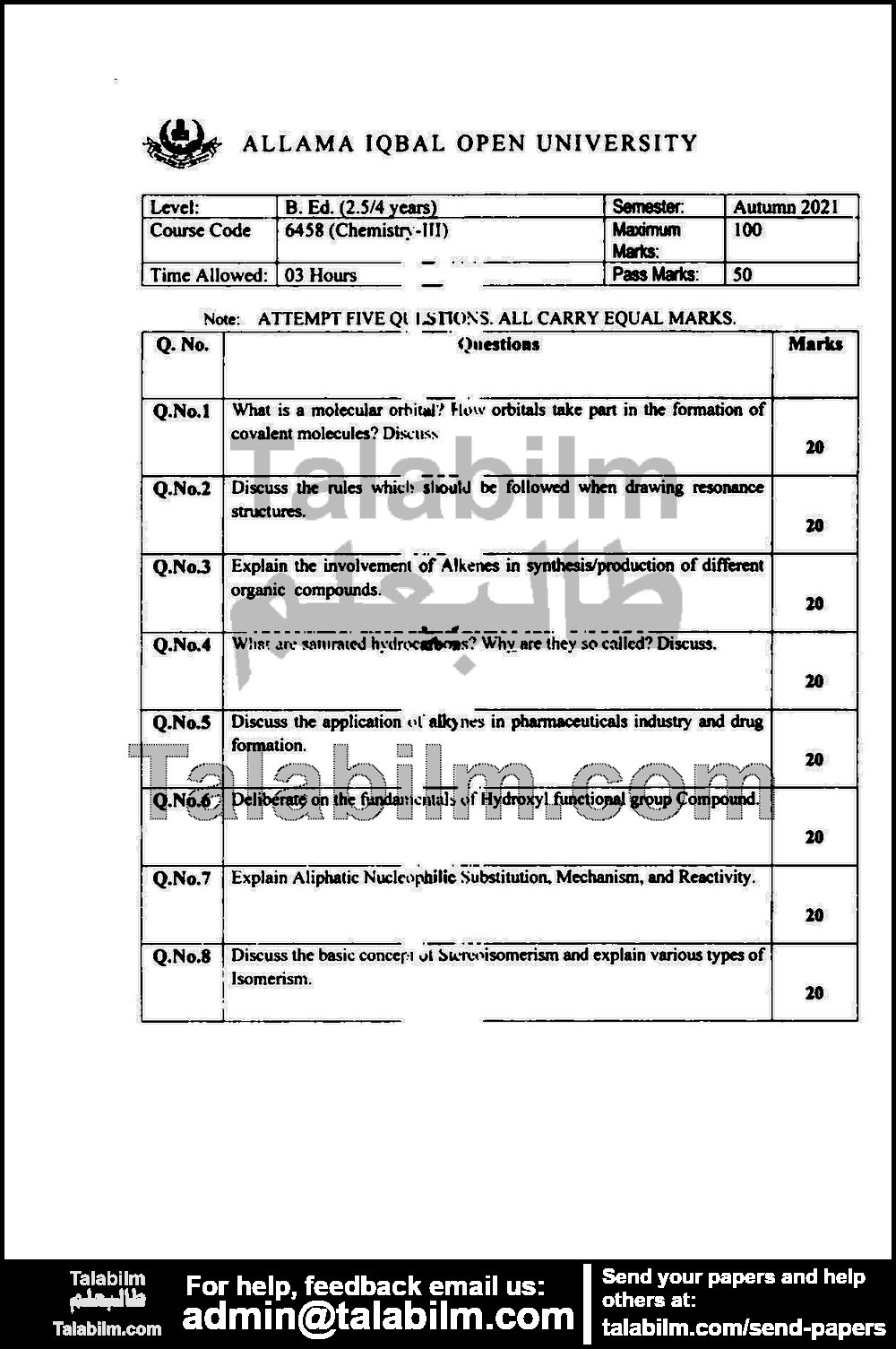 Chemistry-III 6458 past paper for Autumn 2021