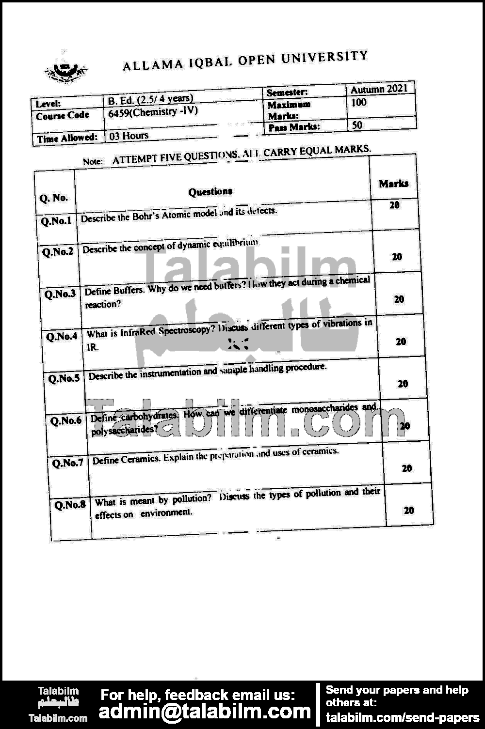 Chemistry-IV 6459 past paper for Autumn 2021