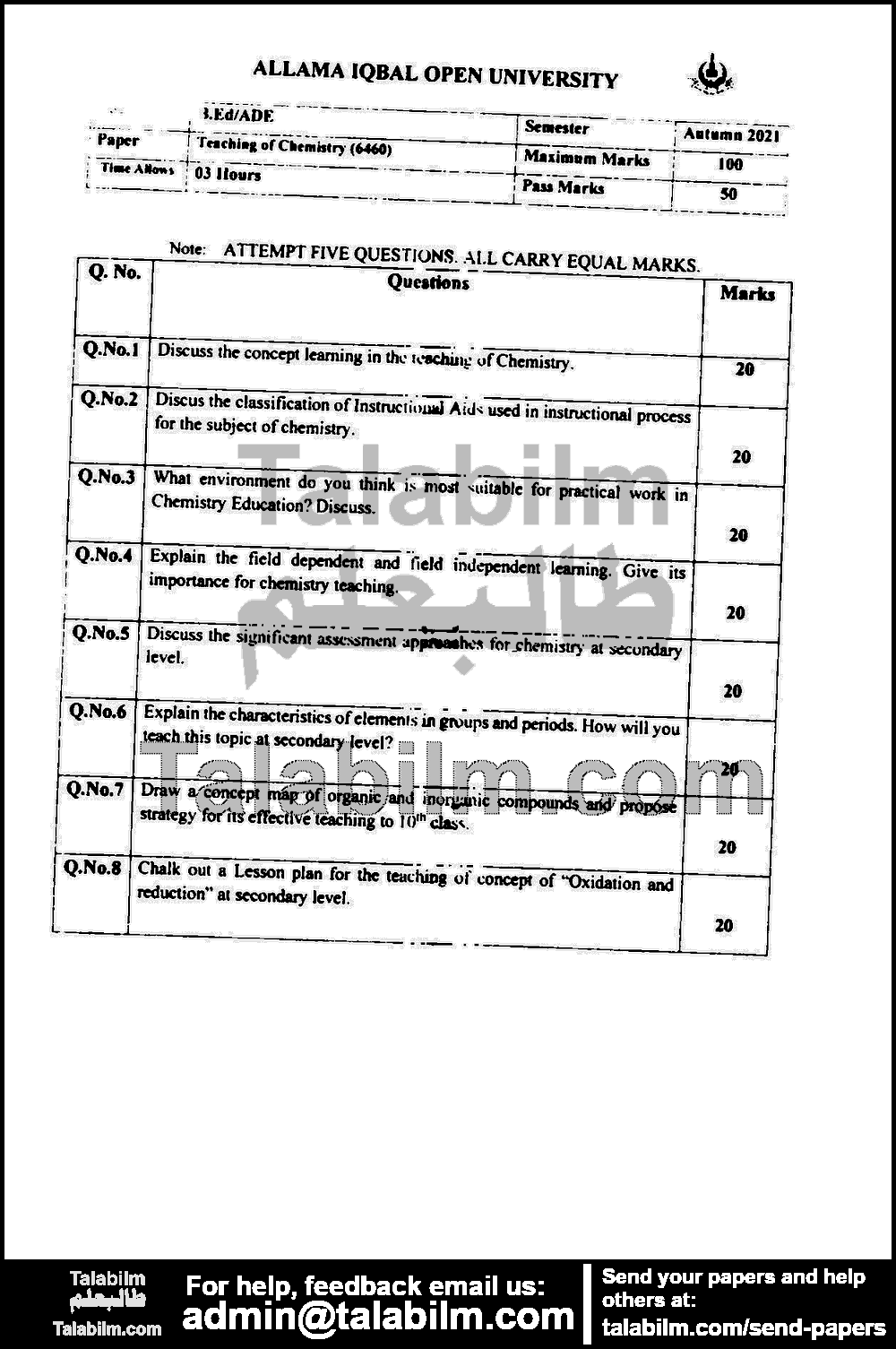 Teaching of Chemistry 6460 past paper for Autumn 2021