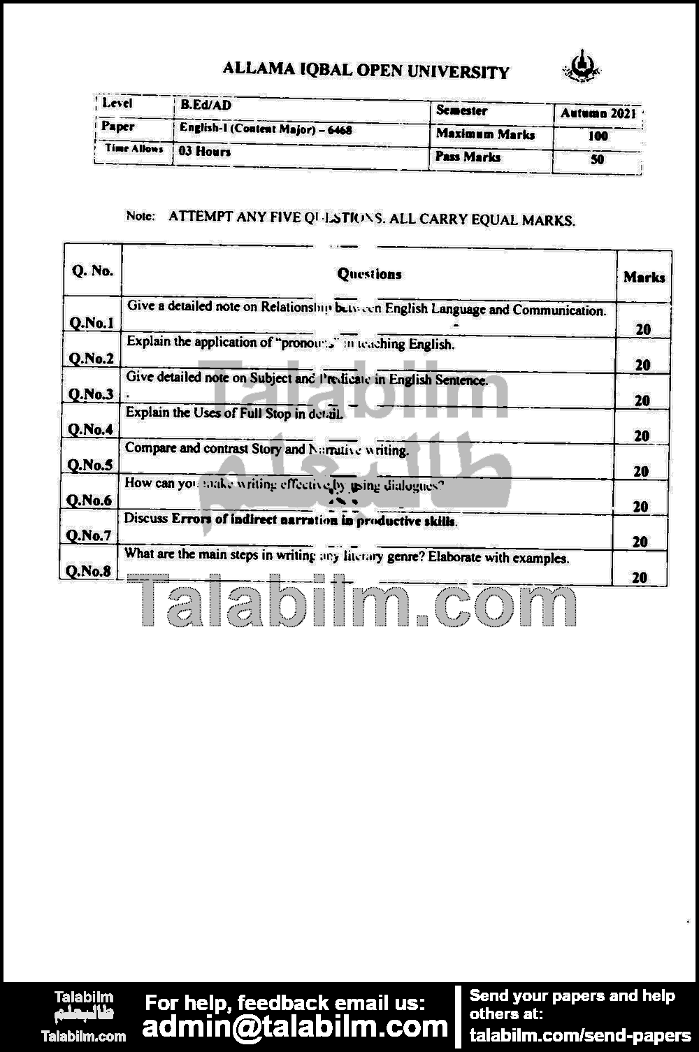 English-I 6468 past paper for Autumn 2021