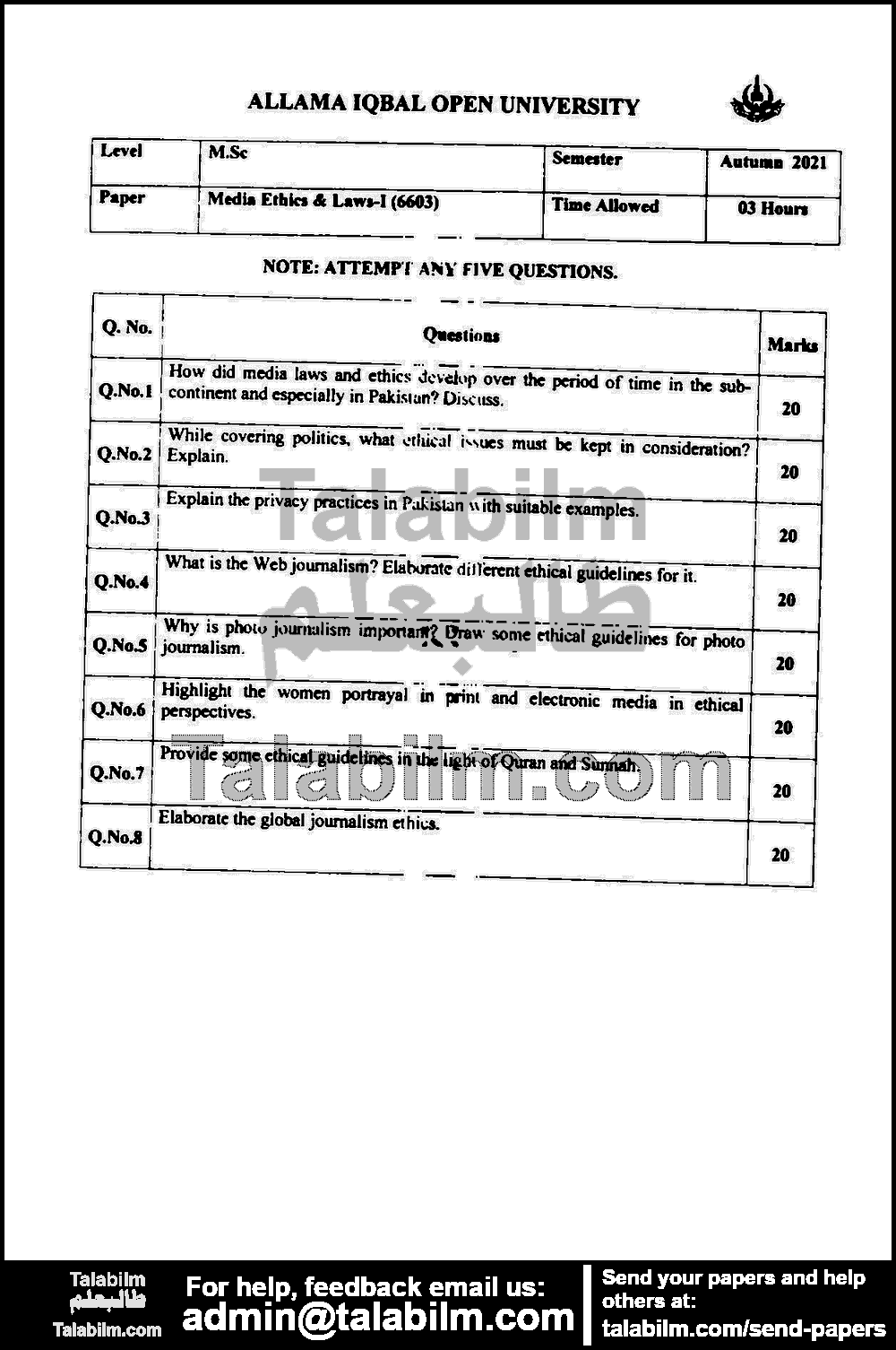 Media Ethitcs and Laws -I 6603 past paper for Autumn 2021