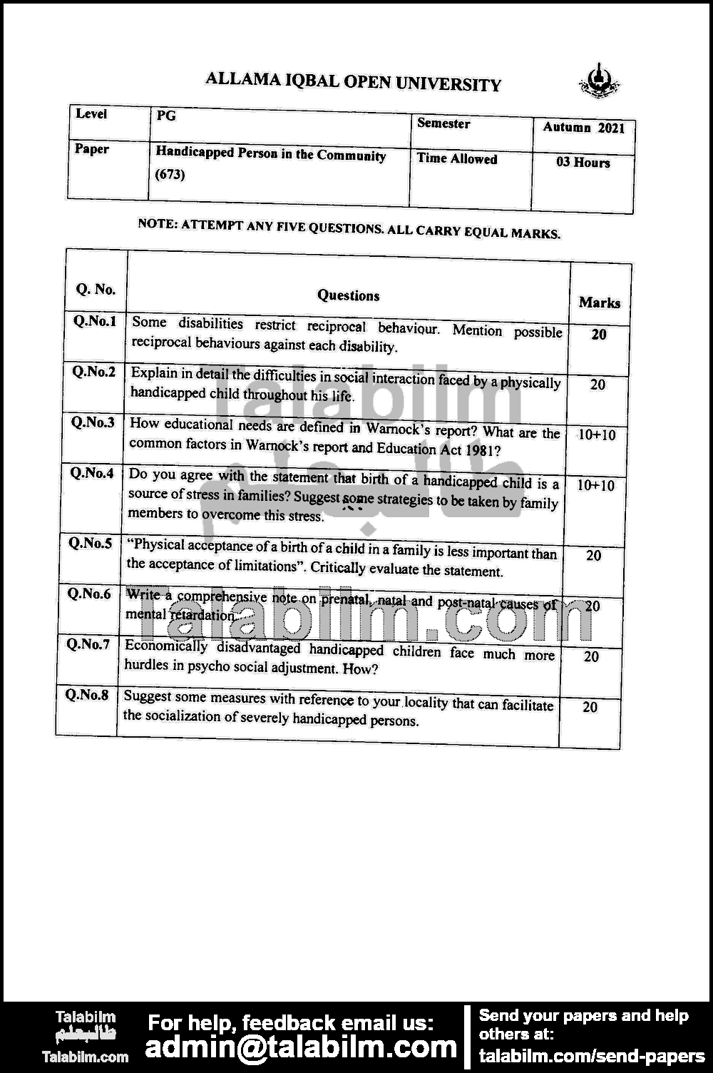 Handicapped Person in the Community 673 past paper for Autumn 2021