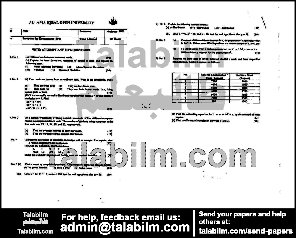 Statistics for Economists 804 past paper for Autumn 2021