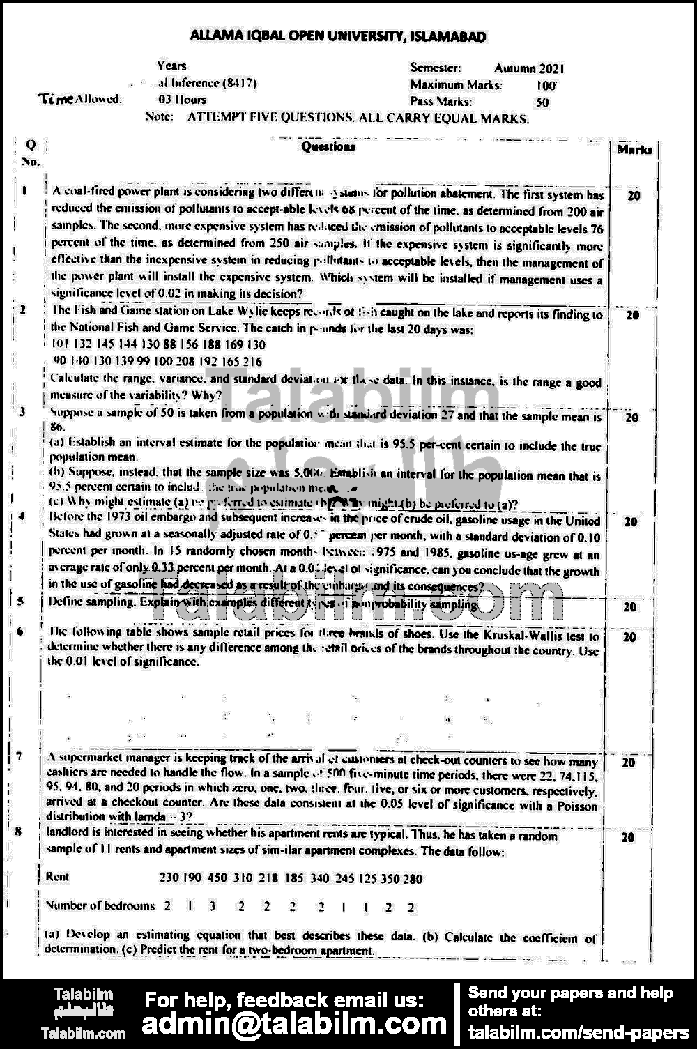 Statistical Inferences 8417 past paper for Autumn 2021